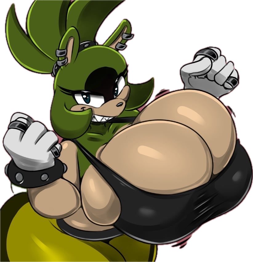 anthro, bracelets, breasts, clothed, digitaldomain123, edited, female, female focus, female only, green hair, green skin, huge thighs, massive ass, massive breasts, massive thighs, overflowing breasts, piercing, piercings, ring (jewelry), sharp teeth, sideboob, skindentation, smiling at viewer, sonic (series), sonic the hedgehog (comics), sonic the hedgehog (series), spiked bracelet, surge the tenrec