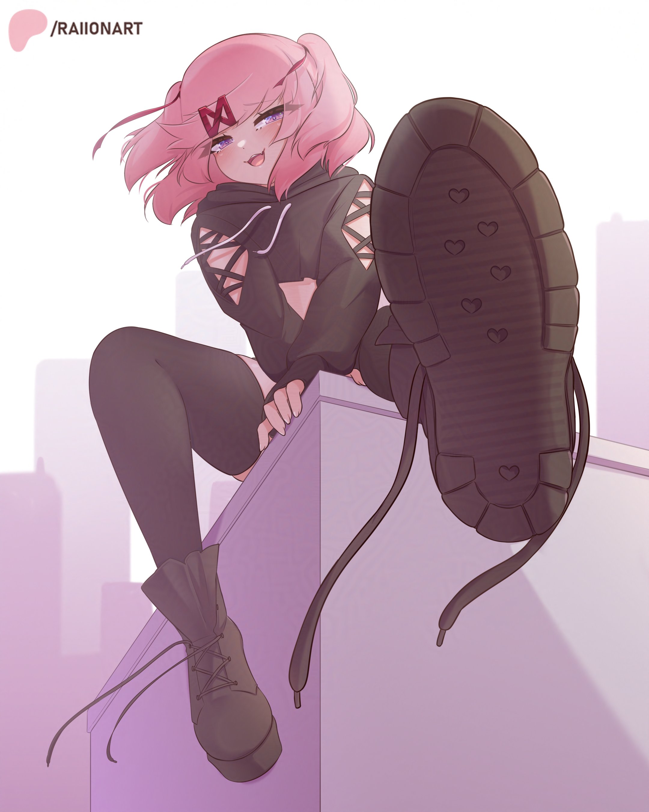 1girls, boots, crossed arms, doki doki literature club, foot focus, hoodie, long sleeves, looking at viewer, natsuki (doki doki literature club), open mouth, patreon username, pink hair, purple eyes, raionart, simple background, sitting, smiling, untied shoes