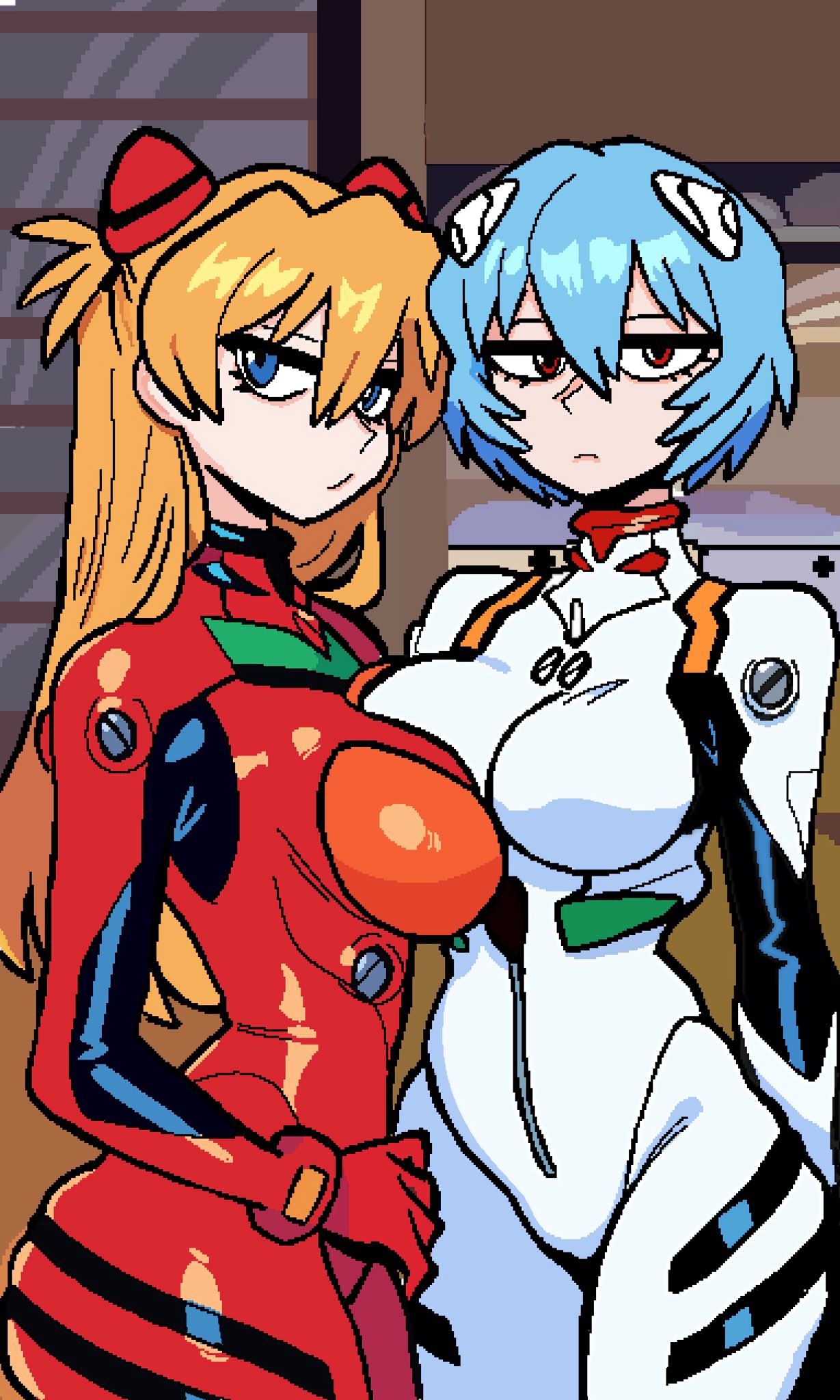 2girls, alternate version available, asuka langley sohryu, blue eyes, blue hair, breast press, breasts, breasts squeezed together, clothing, fat ass, female, human, looking at viewer, monmaamn, neon genesis evangelion, nonsexual, orange hair, pale skin, pixel art, plugsuit, red eyes, rei ayanami, tagme, textless version, tight clothing, twitter link, wide hips