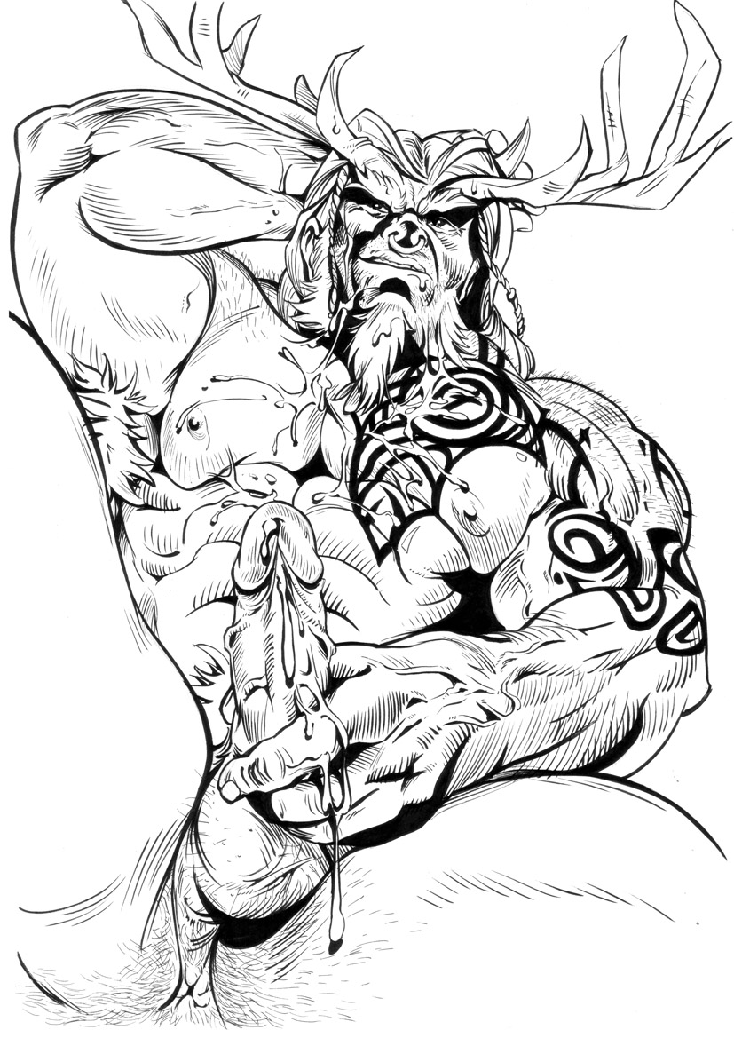 antlers ashlan cum horns just_jacked_off kupopo male_only muscles nipples penis precum proud_of_his_cock reclined tattoo