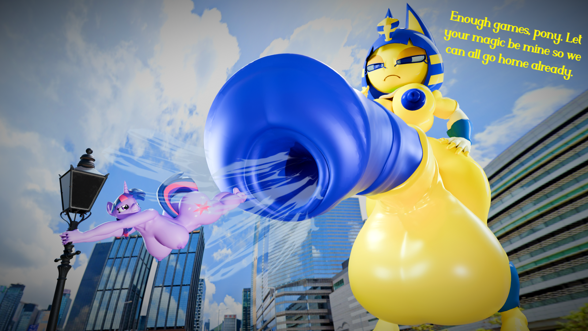 16:9, 3d (artwork), animal crossing, animal genitalia, animal penis, ankha, ankha (animal crossing), ankha (cyanu), anthro, areola, ass, balls, big balls, big breasts, big penis, blender (artwork), blue hair, blue penis, breasts, city, city background, cock vore, cryowolf9, cutie mark, dialogue, digital media (artwork), domestic cat, duo, english text, equid, equine, equine genitalia, equine penis, erection, felid, feline, felis, female, friendship is magic, fur, futanari, gaping, gaping urethra, genitals, gynomorph, hair, hasbro, hi res, holding on, horn, huge balls, huge breasts, huge cock, hyper, hyper balls, hyper genitalia, hyper penis, intersex, intersex/female, mammal, mismatched genitalia, mismatched penis, multicolored hair, my little pony, mythological creature, mythological equine, mythology, nintendo, nipples, nude, penile, penis, purple body, purple hair, sandy cheeks cock vore, size difference, suction, tail, text, thick thighs, twilight sparkle (mlp), unicorn, urethra, vacuum penis, vacuum vore, vore, widescreen, yellow body