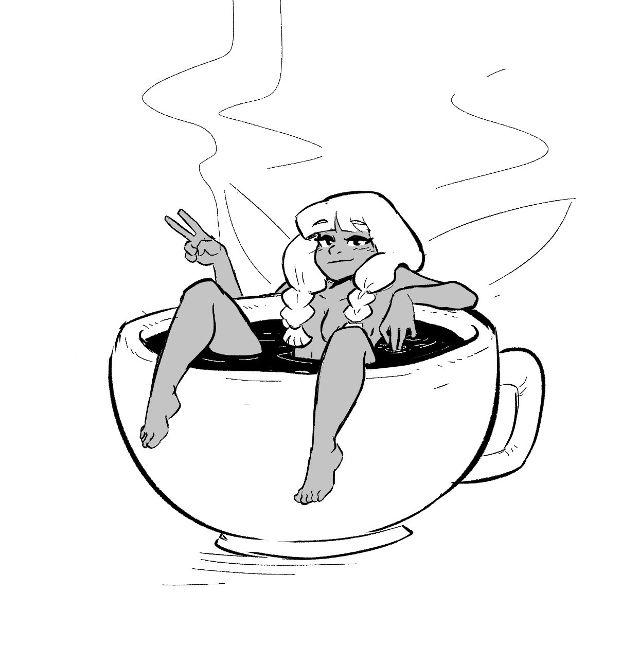 1girls, bathing, coffee, coffee cup, dark skin, dark-skinned female, fae, faerie, fairy, fairy wings, female, fey, hair censor, hair over breasts, looking at viewer, minigirl, mochabelle (spicymancer), original, pixie, small breasts, smile, solo, spicymancer, toes, twin braids, v sign