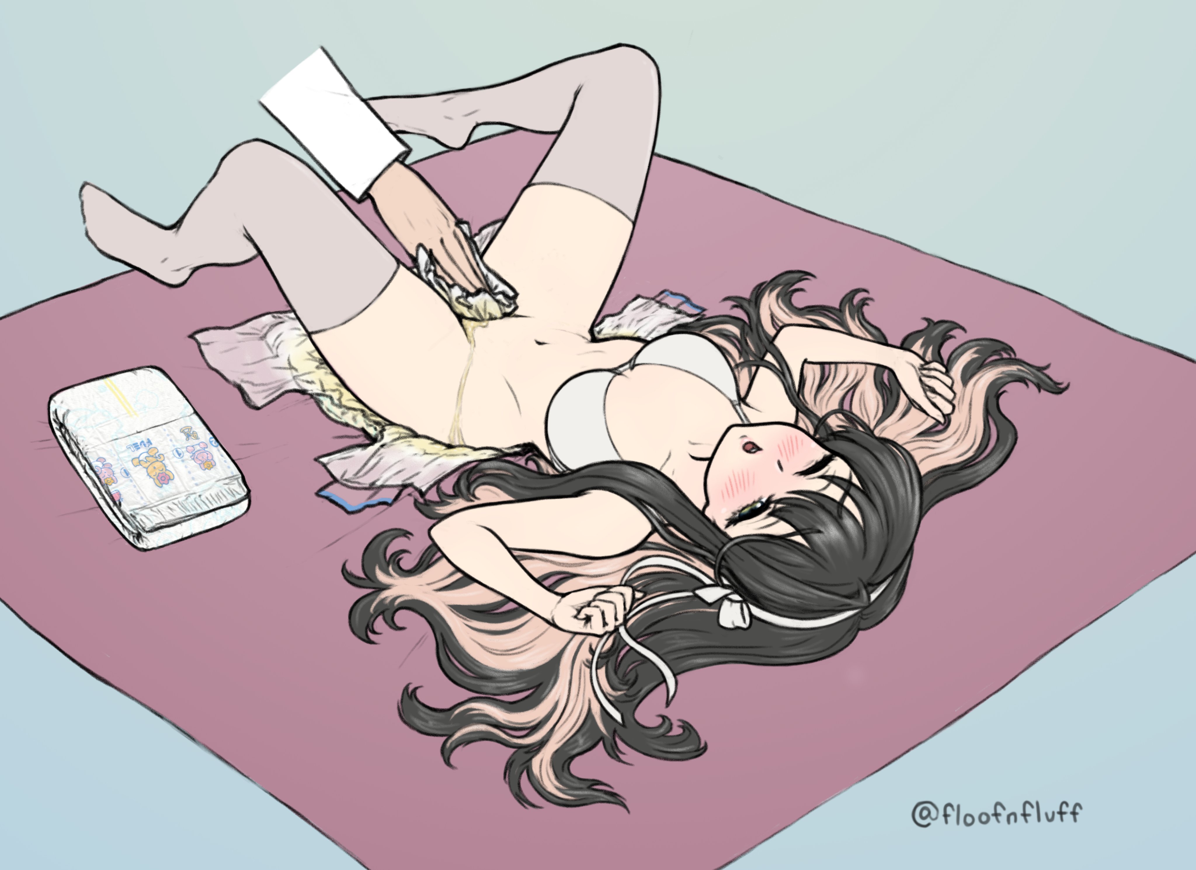 blush, diaper, diaper change, disembodied hand, embarrassed, female, floofnfluff, long hair, lying on back, lying on blanket, open diaper, peeing, stockings, used diaper, wiping pussy