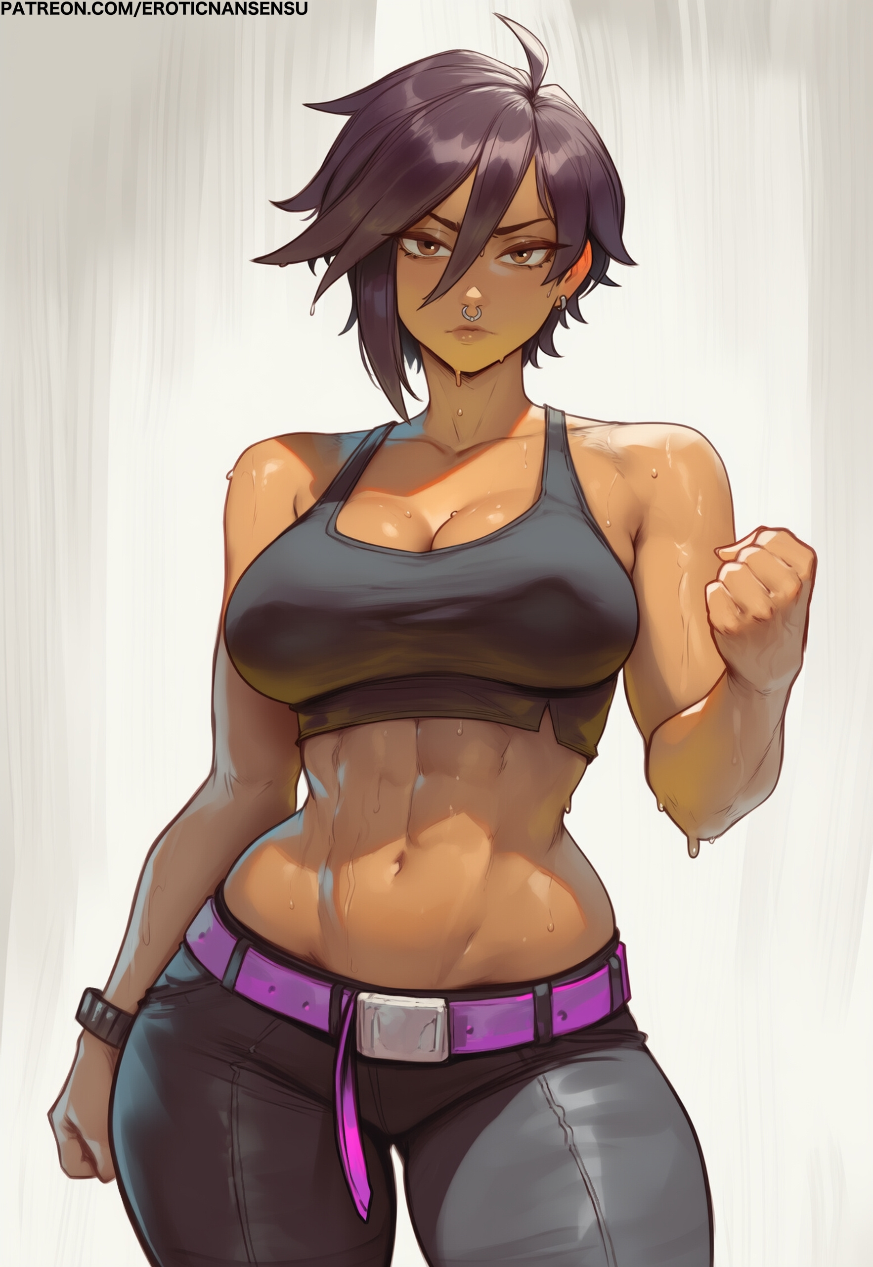 abs, ai assisted, ai generated, belt, big breasts, dispatch (game), erotic nansensu, hips, invisigal, muscular, purple hair, septum piercing, sweat, sweatdrop, thick, tight clothing, tomboy, wristband