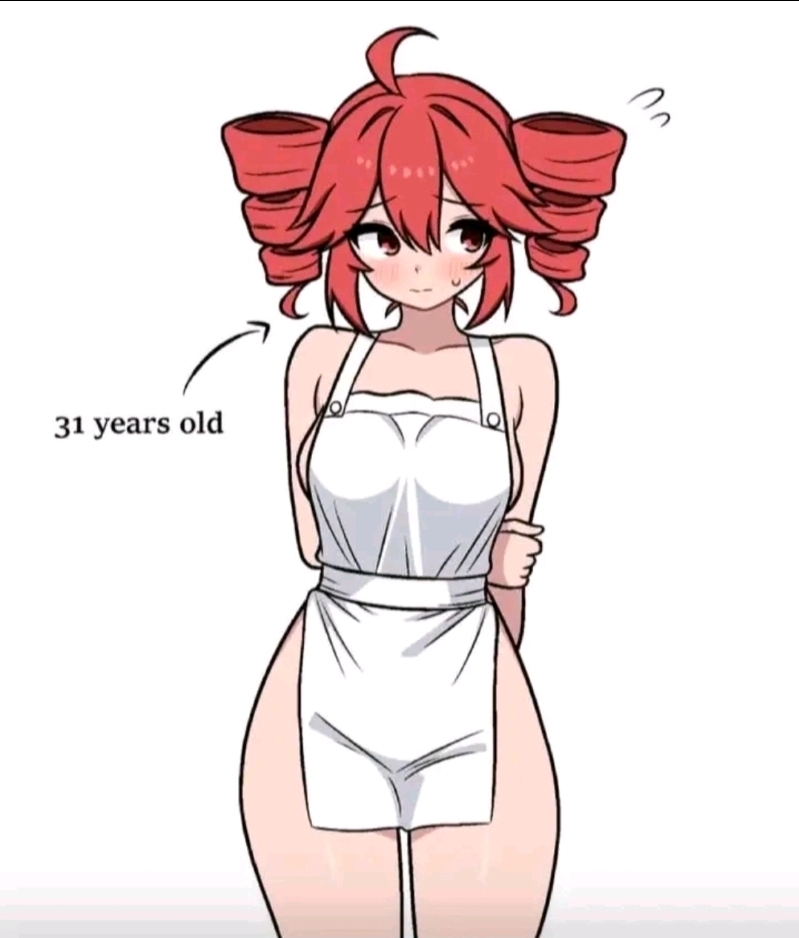 1girls, apron, blush, kasane teto, nude apron, plain background, red eyes, red hair, tagme, utau, white background