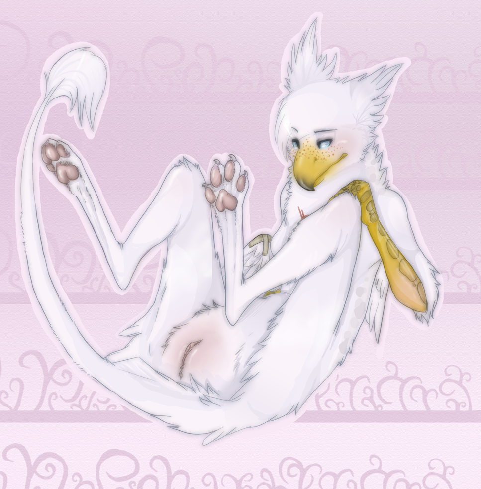 avian background_pattern blue_eyes digitigrade female freckles gryphon hoot hoot_(character) looking_at_viewer nude paws presenting pussy solo spreading tail tail_tuft white_feathers wings