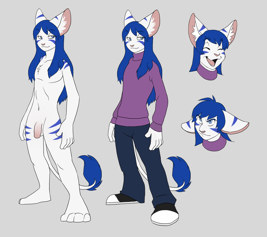 1boy blue_eyes blue_hair canine feline flaccid fox foxcat furry hair hybrid jailbird long_hair male male_only model_sheet nude penis smile solo stripes vaerinn