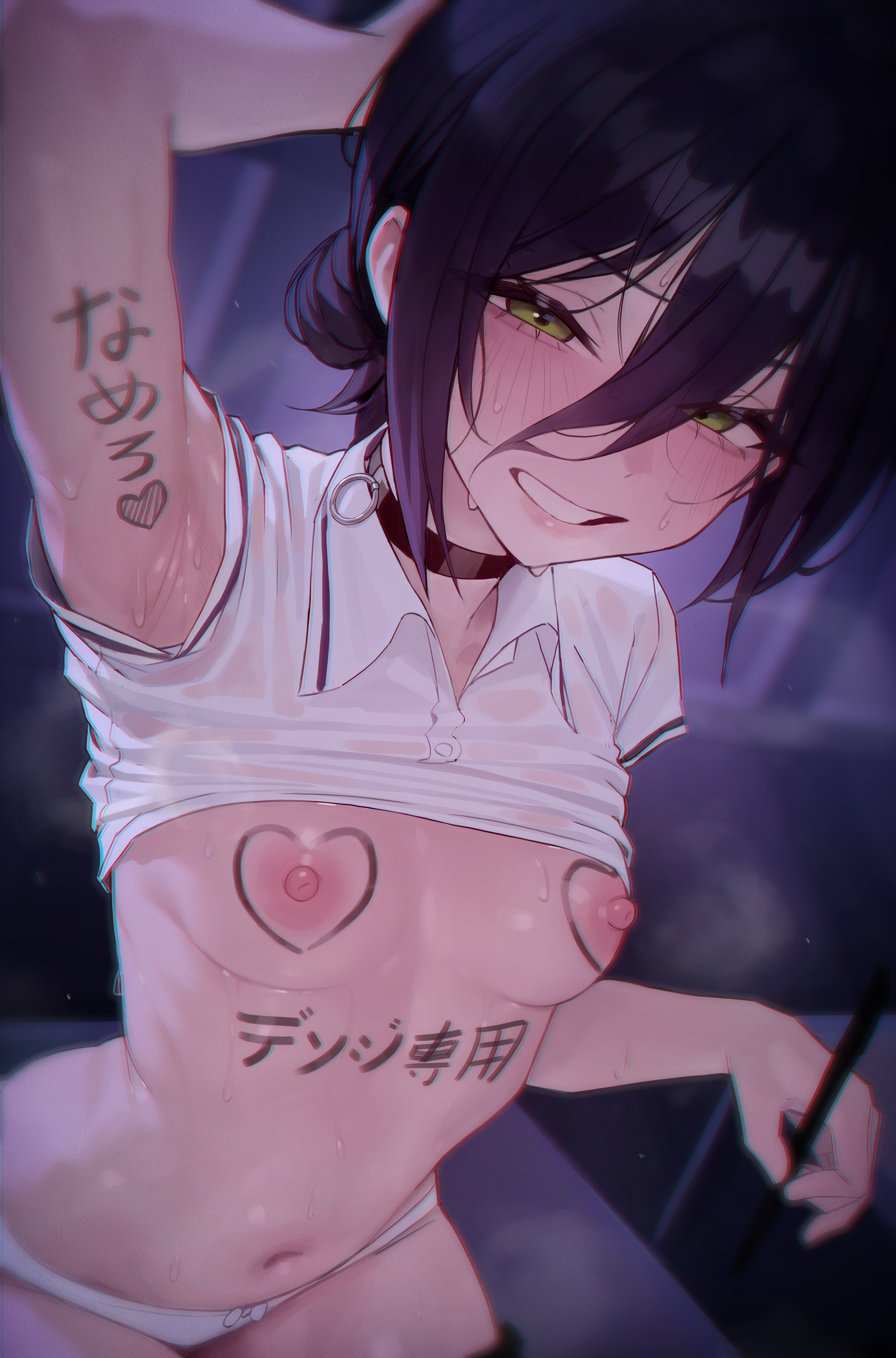 1girls, absurdres, arm up, armpits, black choker, black hair, body writing, breasts, chainsaw man, choker, clothes lift, collared shirt, female, green eyes, grenade pin, grin, hair between eyes, hair bun, highres, holding, holding marker, hyuk (yeayeo), long hair between eyes, looking at viewer, marker, medium hair, navel, nipples, panties, reze (chainsaw man), shirt, shirt lift, sleeveless, sleeveless shirt, small breasts, smile, solo, sweat, underwear, white panties, white shirt