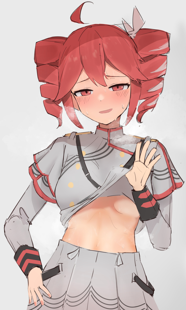 1girls, 2d, 2d (artwork), ahoge, belly, blush, blush lines, blushing profusely, breasts, clothed, clothed female, clothing, crop top, cropped jacket, female, female only, flashing, flashing breasts, fully clothed, grey background, hair ornament, hairbow, half-closed eyes, hand on hip, horny, horny face, horny female, illust wo write, inviting, inviting to sex, kasane teto, kasane teto (sv), lifting shirt, looking at viewer, medium breasts, midriff, nail polish, navel, no bra, open mouth, painted nails, petite, petite body, petite female, red eyes, red hair, red nails, seductive, seductive look, seductive smile, shirt, shirt lift, shirt lifted by self, simple background, skinny, skinny female, skirt, slim girl, slim waist, smile, solo, solo female, steam, steaming body, steamy breath, sweat, sweating, sweating profusely, synthesizer v, teasing, twin drills, upper body, upper body focus, utau