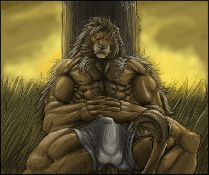 1boy anthro balls big_balls bulge feline fur furry lion male male_only muscles penis pose silver_fenrir solo