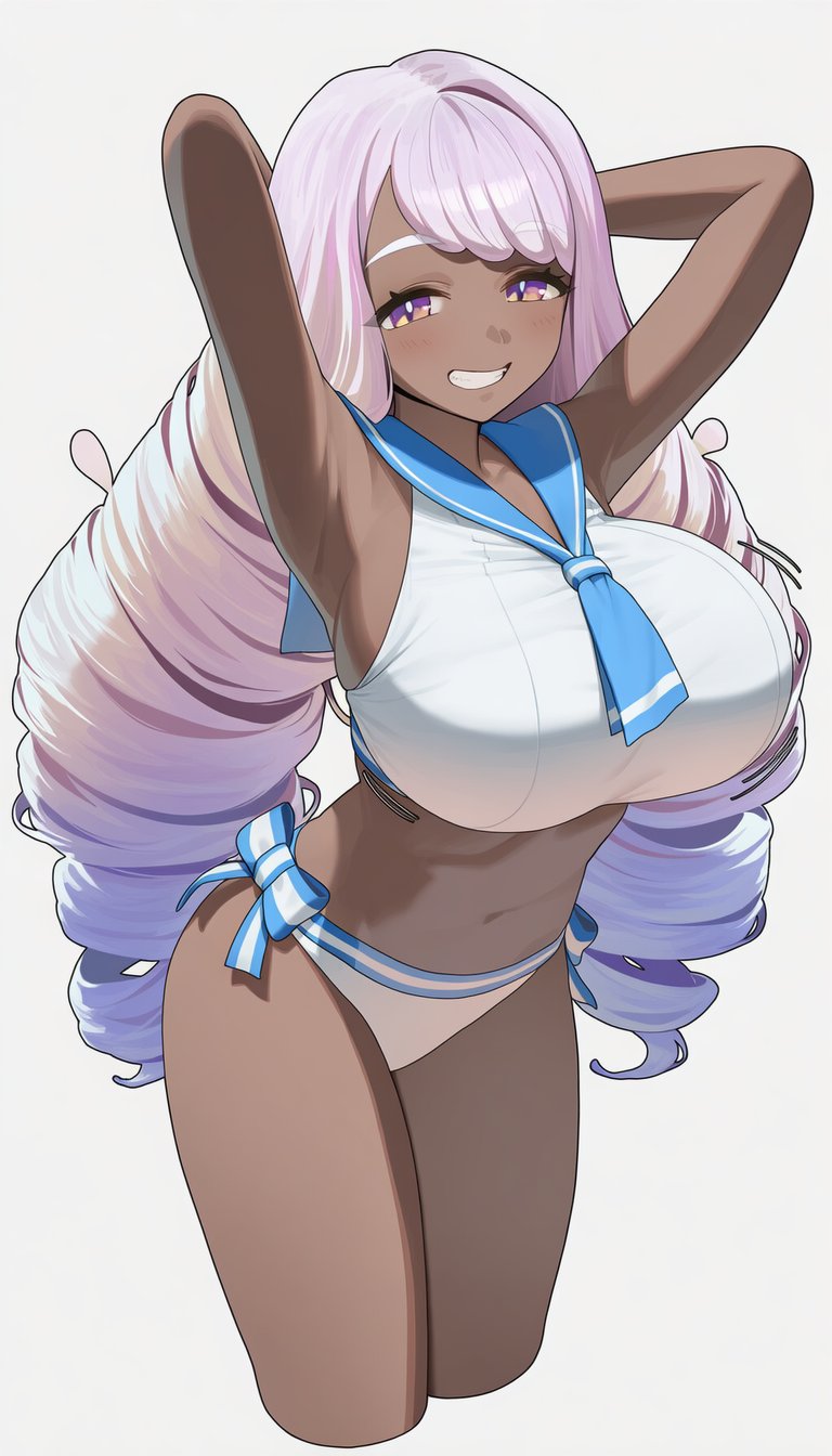 :d, 1girls, ai generated, bangs, bikini, blonde hair, blush, breasts, cleavage, collarbone, crop top, curly hair, dark skin, drill hair, eyebrows visible through hair, female, game freak, hair ornament, hat, jacinthe (pokemon), large breasts, long hair, looking at viewer, navel, night, nintendo, open mouth, outdoors, outstretched arms, pink hair, pokemon, pokemon legends: z-a, pubic hair, purple eyes, ringlets, sailor bikini, sailor collar, see-through, self shot, shirt, side-tie bikini, smile, solo, standing, stomach, swept bangs, swimsuit, twin drills, very long hair, white bikini, yukari (pokemon)