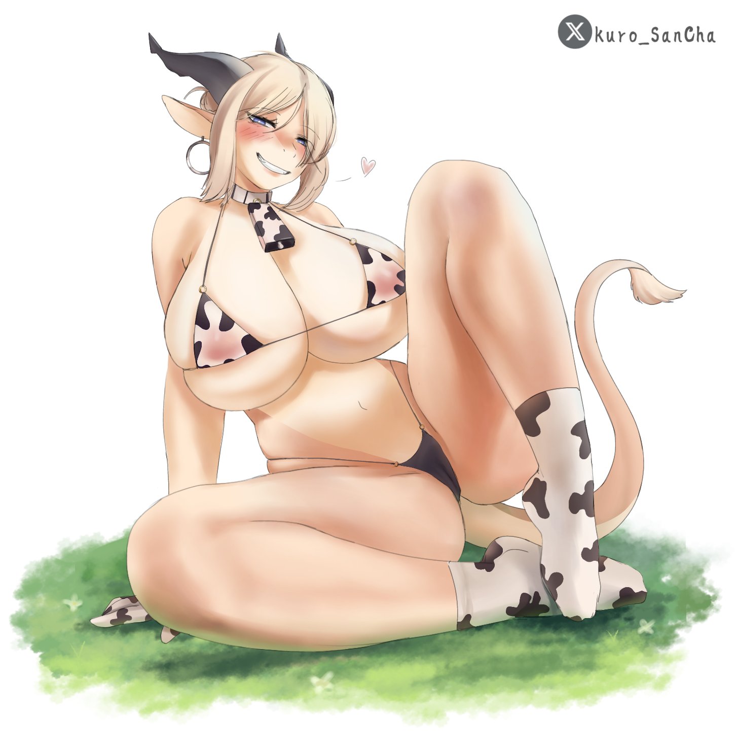 1girls, 2025, anthro, bent legs, big breasts, bikini, blonde hair, blue eyes, blush, celinia (cervina7), cow print, cow print bikini, cow print socks, cowbell, dragon, earrings, female, female only, grin, grinning at viewer, hi res, hoop earrings, horns, huge breasts, kuro sancha, looking at viewer, micro bikini, sitting, smiling, smiling at viewer, socks, solo, tail, thick thighs, white background