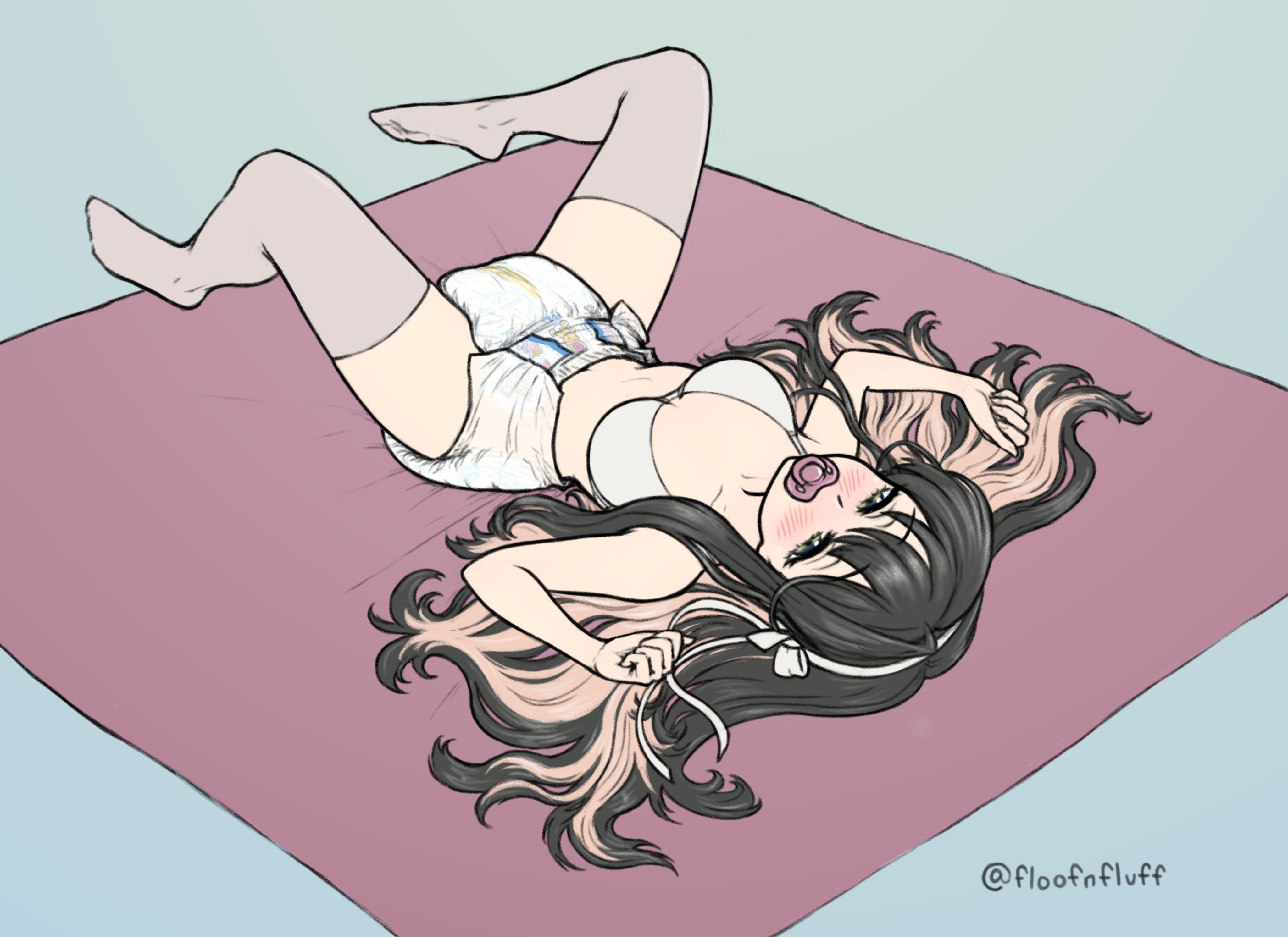 clean diaper, diaper, diaper change, female, floofnfluff, long hair, lying on back, lying on blanket, pacifier, pacifier in mouth, relaxing, stockings, wearing diaper