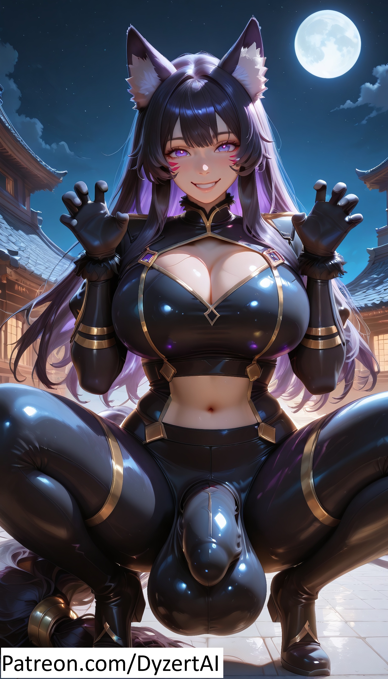 1futa, 2025, ai generated, animal ear fluff, animal ears, animal girl, black hair, bodysuit, bulge, bulge through clothing, delta (the eminence in shadow), dog girl, dyzertai, futa only, futanari, huge cock, long hair, looking at viewer, night, night sky, purple eyes, self upload, tail, the eminence in shadow