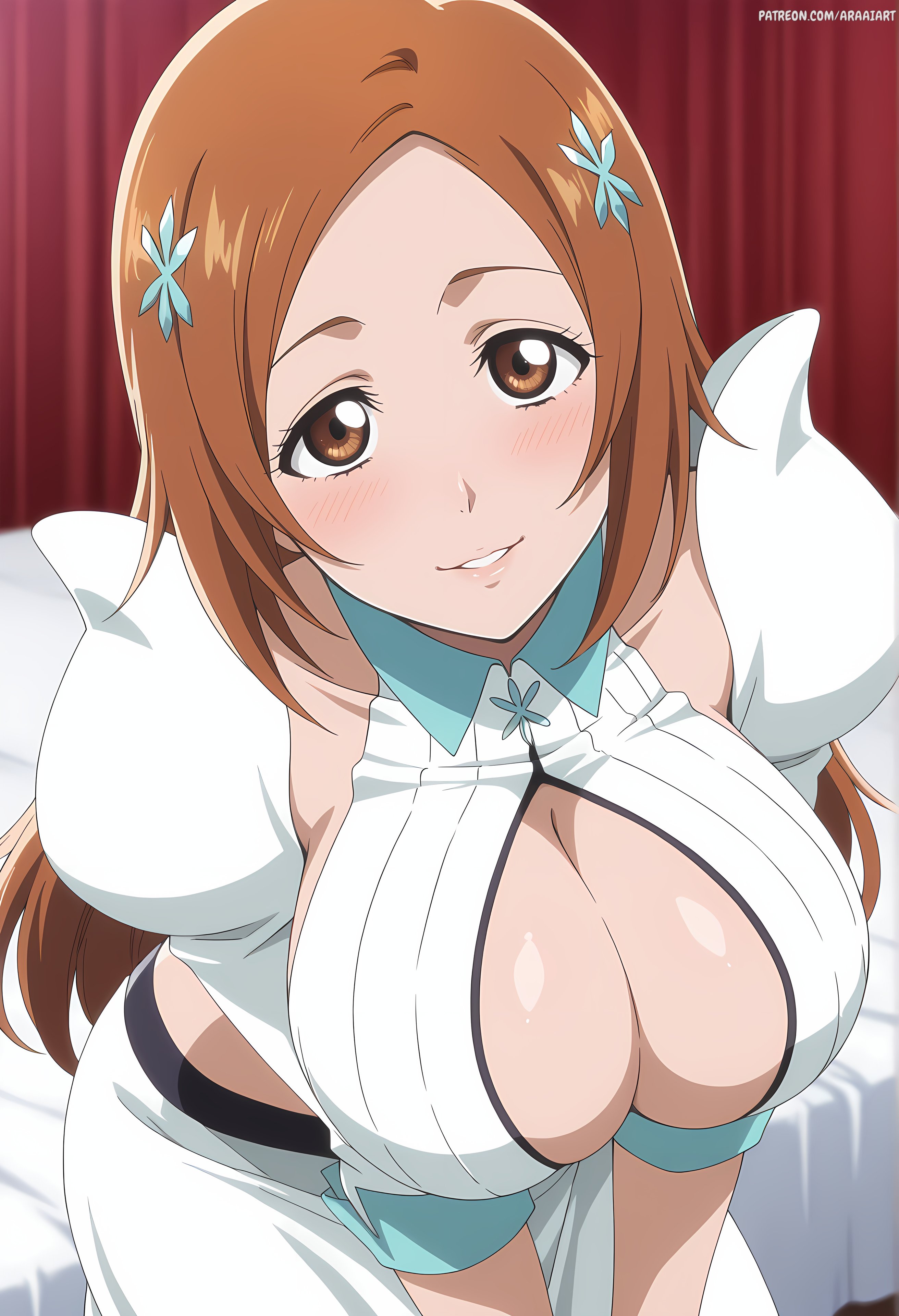 ai generated, araaiart, big ass, big breasts, bleach, cleavage, cleavage cutout, fully clothed, ginger, ginger female, inoue orihime, large breasts, solo focus