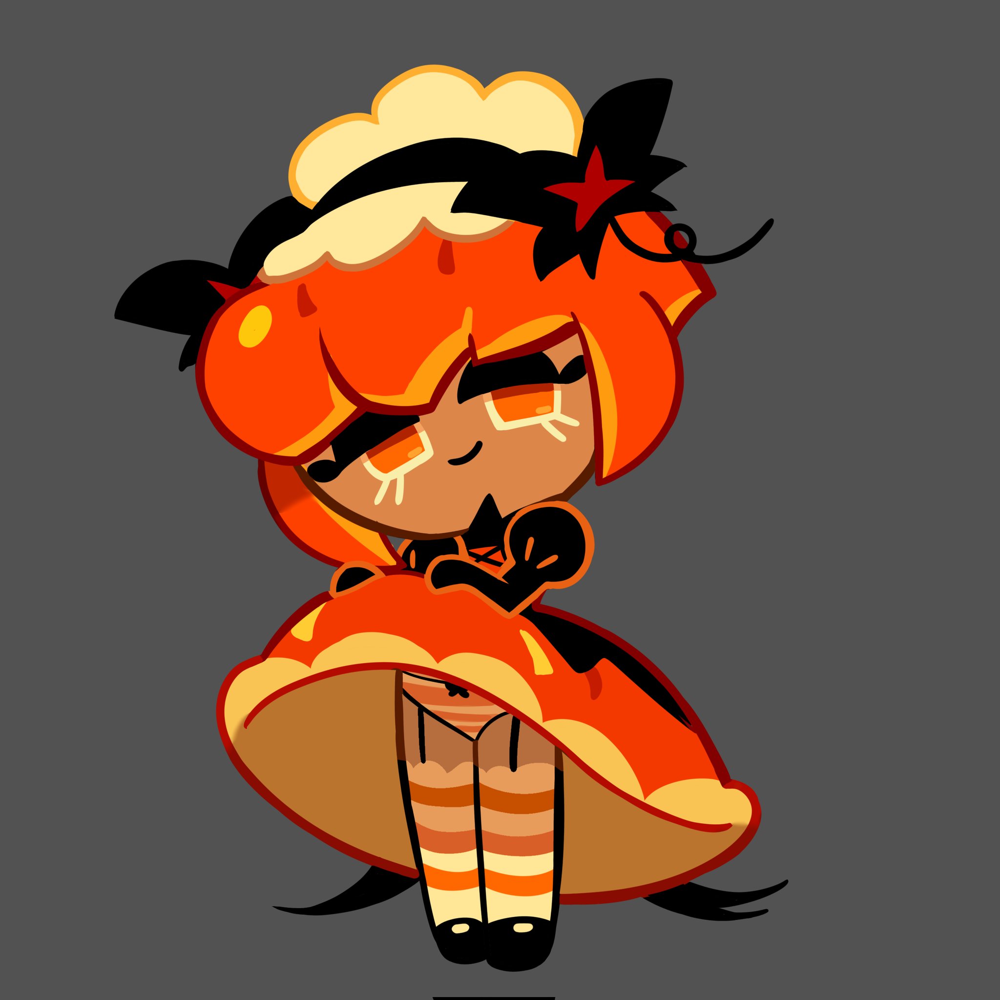 1girls, accurate art style, clothed, cookie run, cookie run kingdom, dress, dress lift, female, female only, food creature, food humanoid, garter belt, garter straps, gothic, half-closed eyes, headdress, lifting own clothes, lingerie, looking at viewer, orange eyes, orange hair, panties, pumpkin pie cookie, smile, solo, striped panties, unepicroachy, upskirt