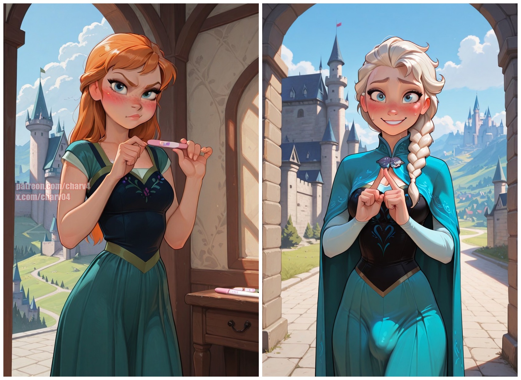 1futa, 1girls, ai generated, anna (frozen), annoyed, annoyed expression, bulge, charv, clothing, dress, elsa (frozen), frozen (film), futa on female, futanari, nervous smile, pregnancy test, sisters, small breasts