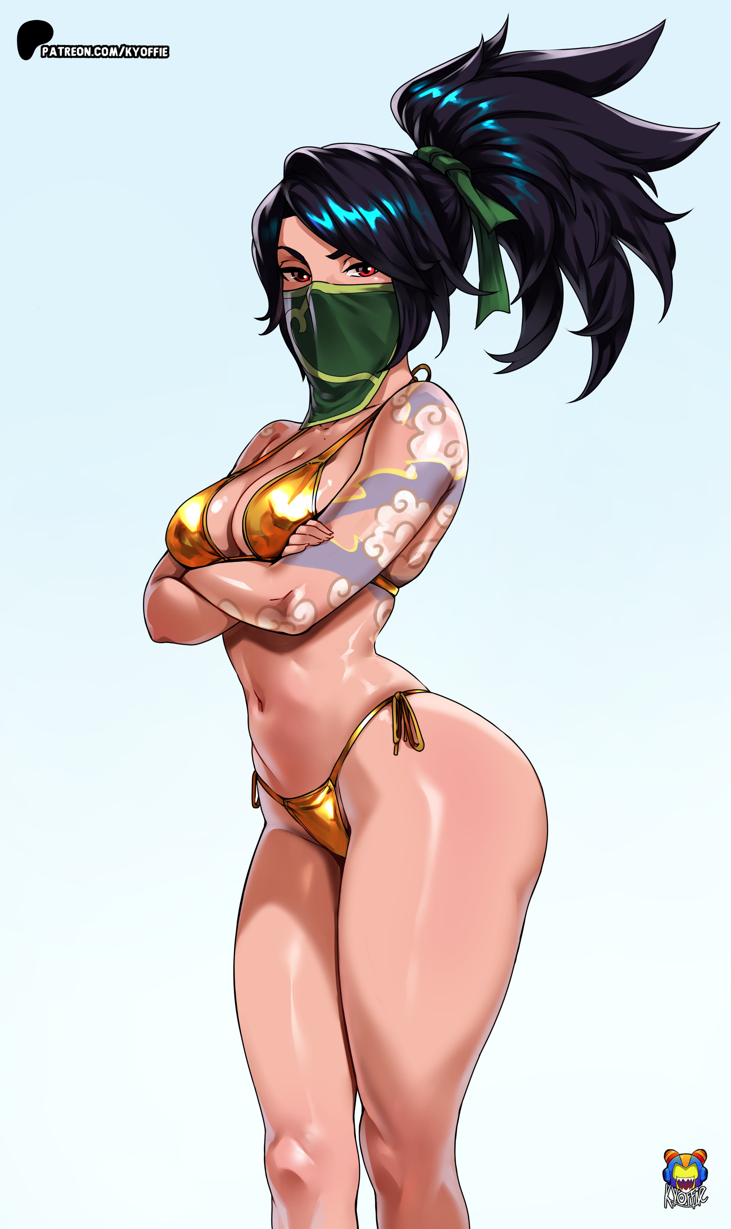 1girls, 2025, akali, big ass, big breasts, bikini, black hair, crossed arms, female, female only, gold bikini, irezumi, kyoffie, league of legends, league of legends: wild rift, light skin, light-skinned female, mask, masked, masked female, pinup, ponytail, red eyes, remake, riot games, solo, solo female, solo focus, swimsuit, swimwear, tagme, tattoo, tattooed arm, tattoos, thick thighs, watermark