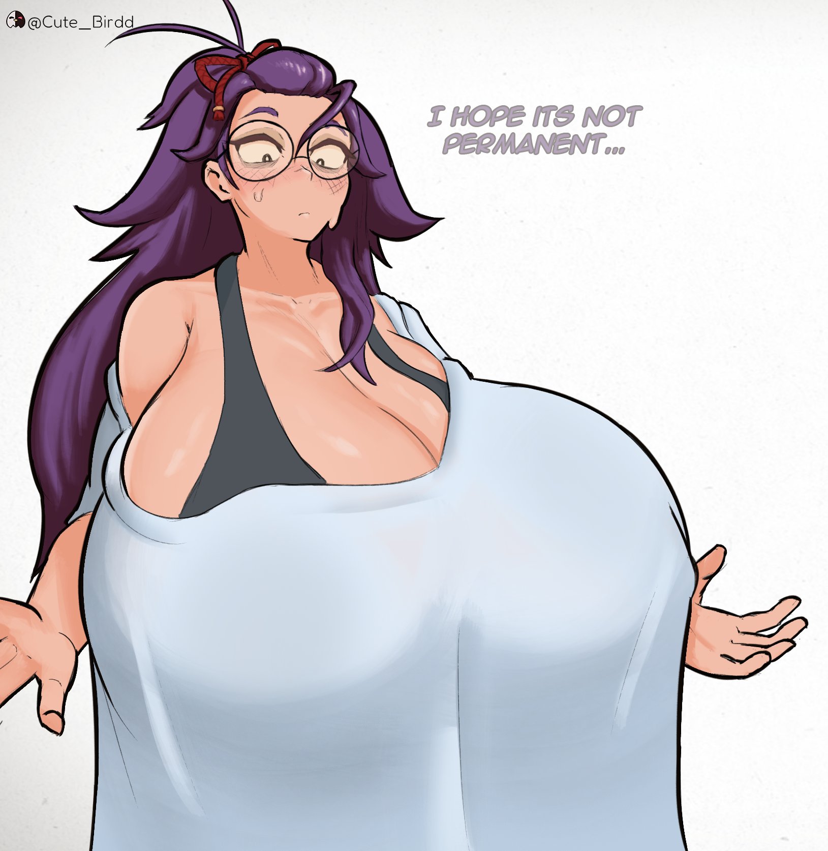 1female, 1girls, artist girl, big breasts, big glasses, breast expansion, breast focus, breast growth, breast growth (enlargement), breasts, breasts bigger than torso, cute birdd, dark purple hair, english text, enormous breasts, female, female only, glasses, heavy breasts, huge breasts, hyper, hyper breasts, large breasts, massive breasts, messy hair, nervous, nipple bulge, off shoulder, pikat (character), purple hair, solo, solo female, startled, sweatdrop, sweating, tagme, virtual youtuber, vtuber, worried, worried expression, worried face, youtube