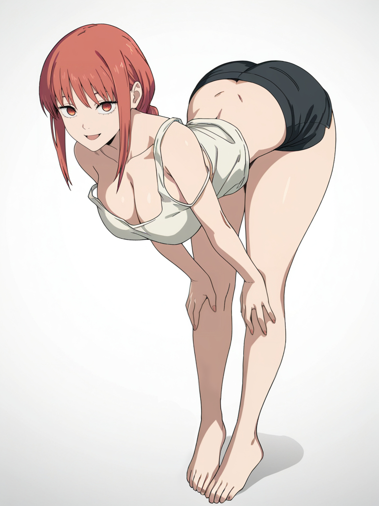 1girls, ai generated, bending over, booty shorts, chainsaw man, kreivan, makima (chainsaw man), plain background, red hair, solo