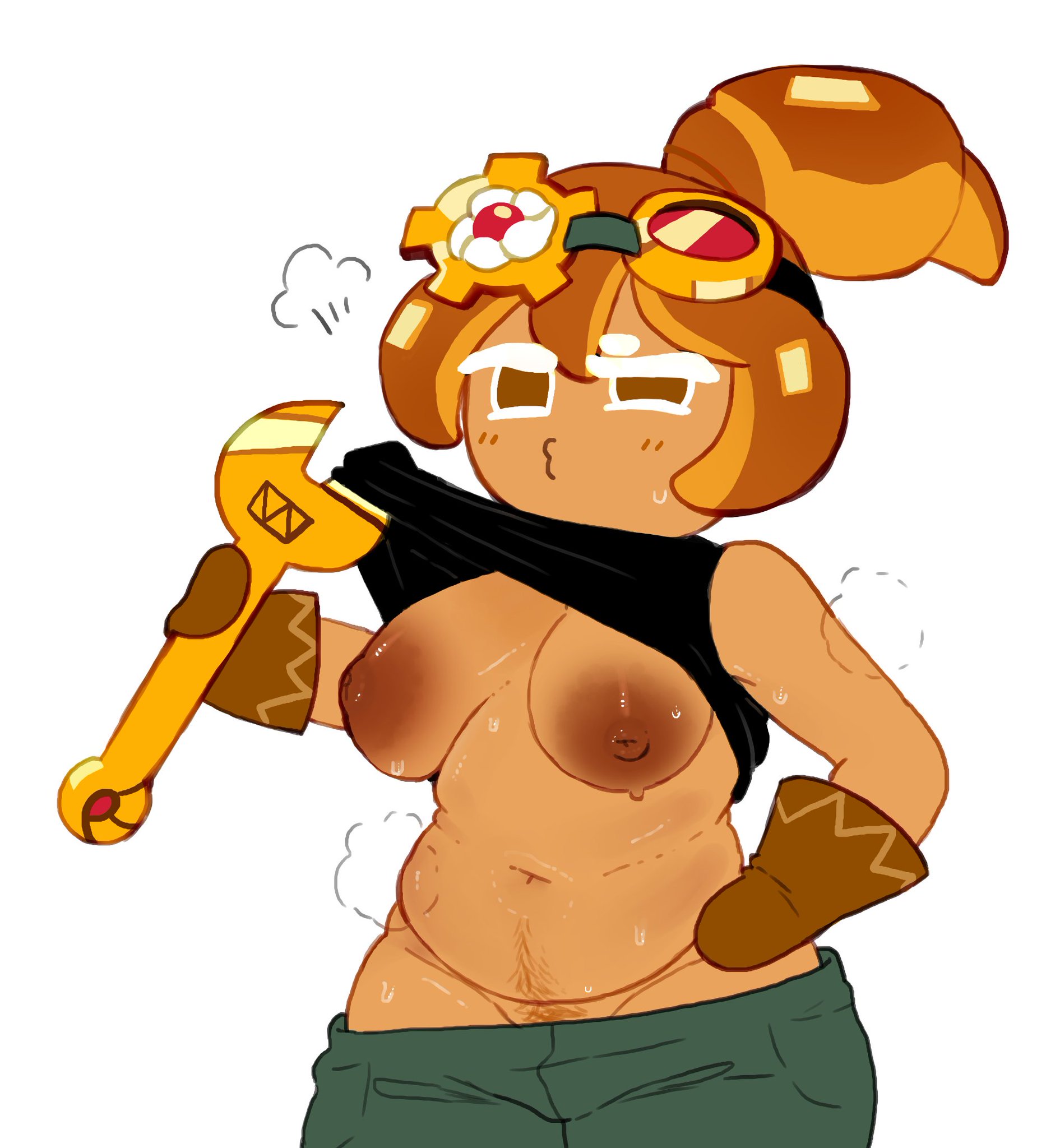 1girls, chubby, chubby female, cookie run, cookie run kingdom, cookie run ovenbreak, croissant cookie, female, female only, magpieredd, showing breasts, sweat, sweaty body