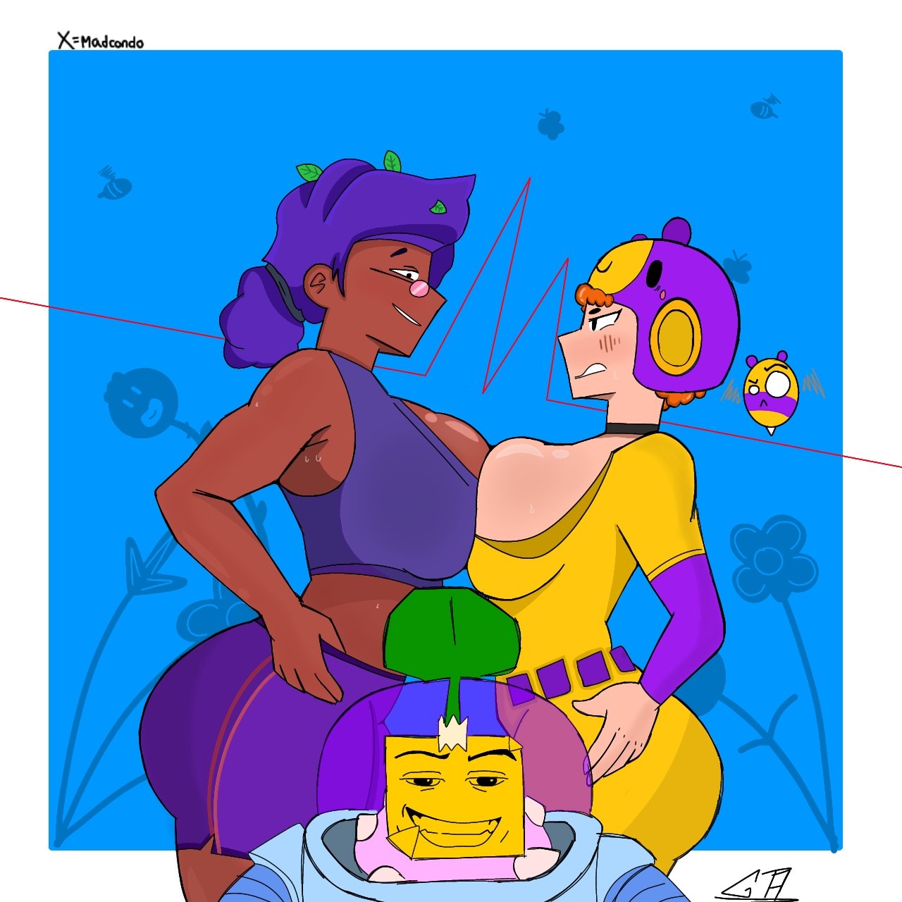 1boy, 2d, 2d (artwork), 2girls, bea (brawl stars), brawl stars, breasts squeezed together, breasts touching, chimbo tieso, dark skin, dark-skinned female, female, female focus, light skin, light-skinned female, meme, meme reference, roblox face, rosa (brawl stars), sprout (brawl stars), staring at ass, staring at partner, supercell