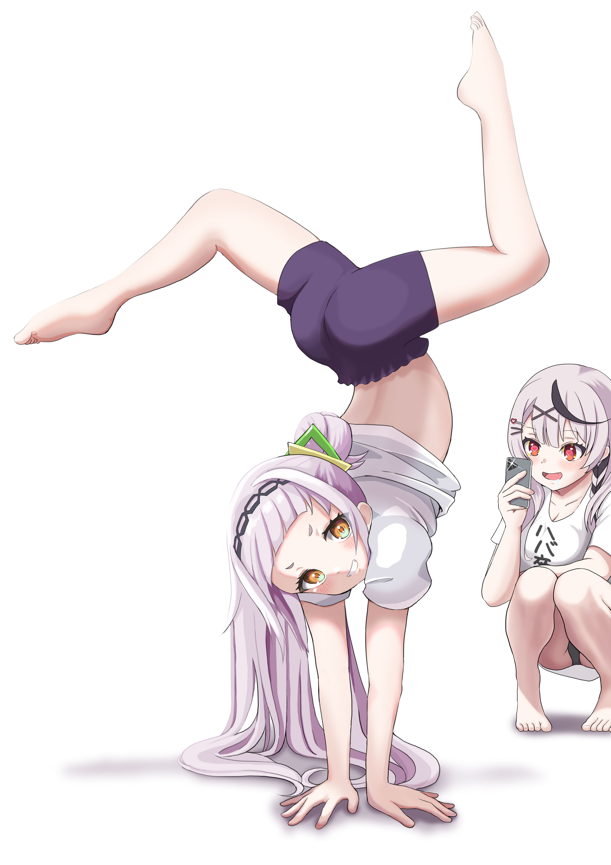 264 (user ffyd3374), back, belly, calisthenics, calves, exercise, feet, green eyes, handstand, hololive, hololive gen 2, hololive japan, idol, kusogaki, legs, light skin, mesugaki, murasaki shion, orange eyes, photographing, red eyes, sakamata chloe, silver hair, stretching, thighs, upskirt, virtual youtuber, vtuber, white hair
