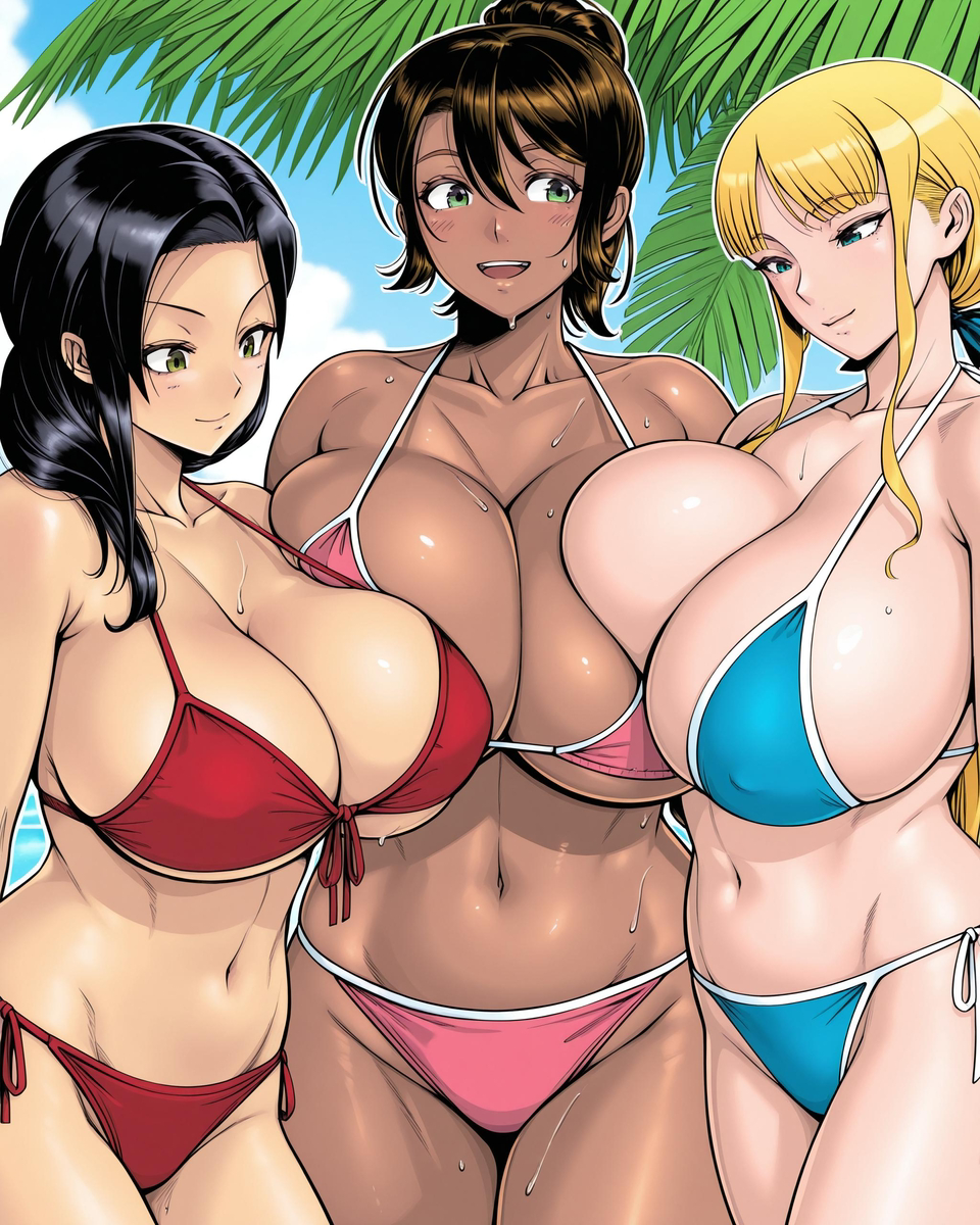 3girls, absurd res, ai generated, beach, beach background, big breasts, bikini, black hair, blonde hair, bra, breasts to breasts, brown hair, curvaceous, curvaceous female, curvy, curvy female, dark-skinned female, female, female only, hajimete no hitozuma, hourglass figure, hourglass figured female, kanae (hajimete no hitozuma), kawai ayako (hajimete no hitozuma), large breasts, lesson, light-skinned female, looking pleasured, mature female, milf, nerd, panties, tomoko (hajimete no hitozuma), voluptuous female, wide hips
