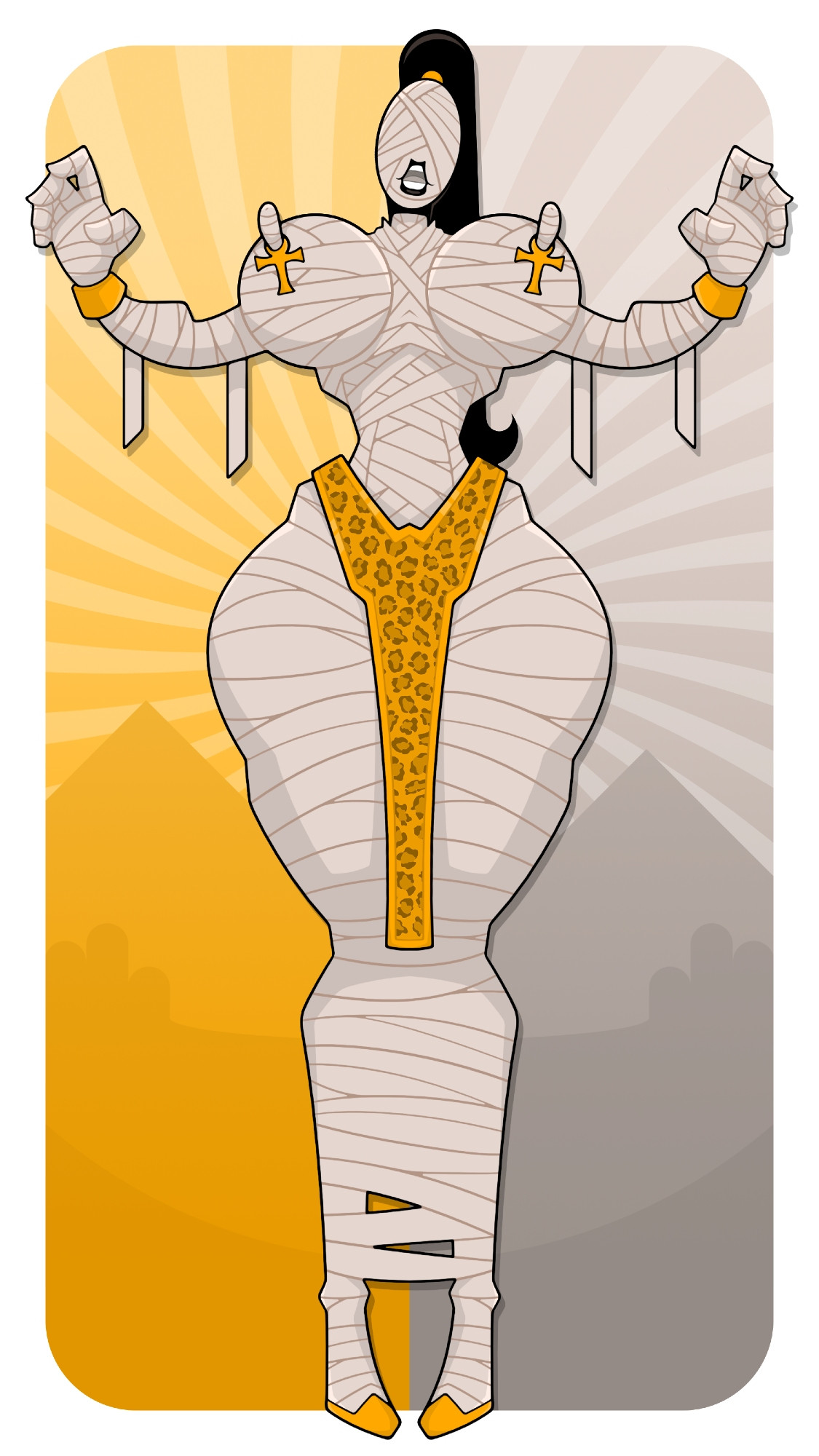 2d, 2d (artwork), ankh, big breasts, big nipples, black hair, black lipstick, bracelet, breasts, creepy, debella, egyptian, egyptian female, erect nipples, eyes covered, female, female only, gold jewelry, high heels, jewelry, leopard print, makeup, monster girl, mummy, mummy girl, mummy wrappings, nipple ornament, open mouth, ponytail, thick thighs, thin waist, undead, undead female, wrapped, zombie pose