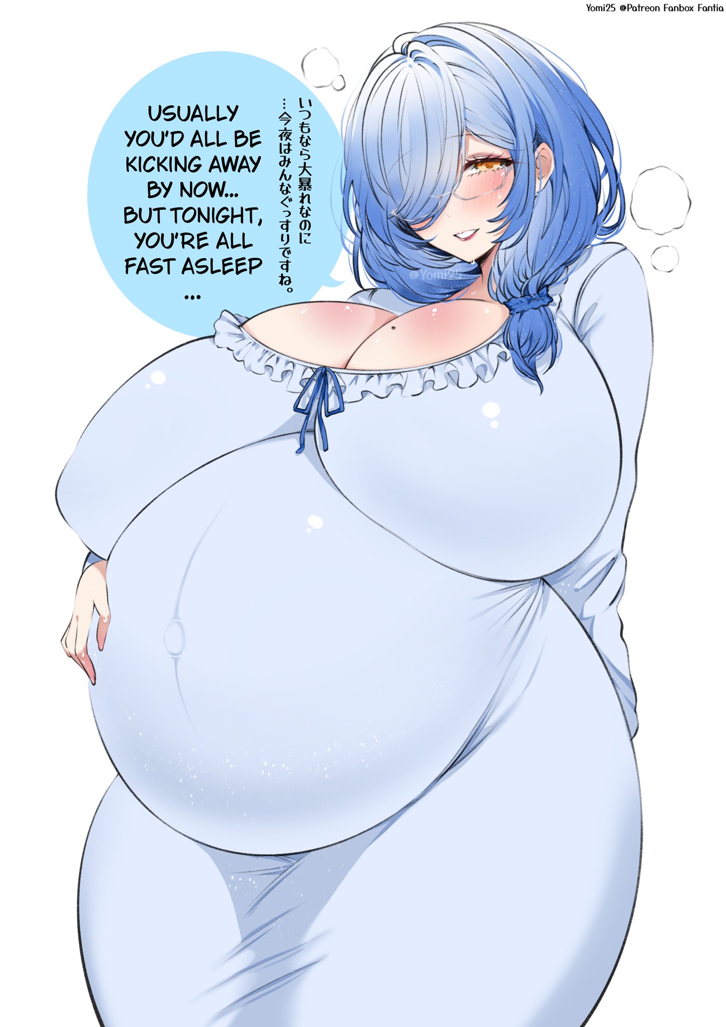 big breasts, blue hair, cleavage, english text, female, female only, fully clothed, gigantic breasts, glasses, hair over one eye, huge breasts, light blue hair, looking at viewer, maternity clothes, maternity dress, medium hair, mole on breast, nightgown, original, original character, pregnant, ready to pop, solo, sweat, tied hair, wide hips, yellow eyes, yomi25