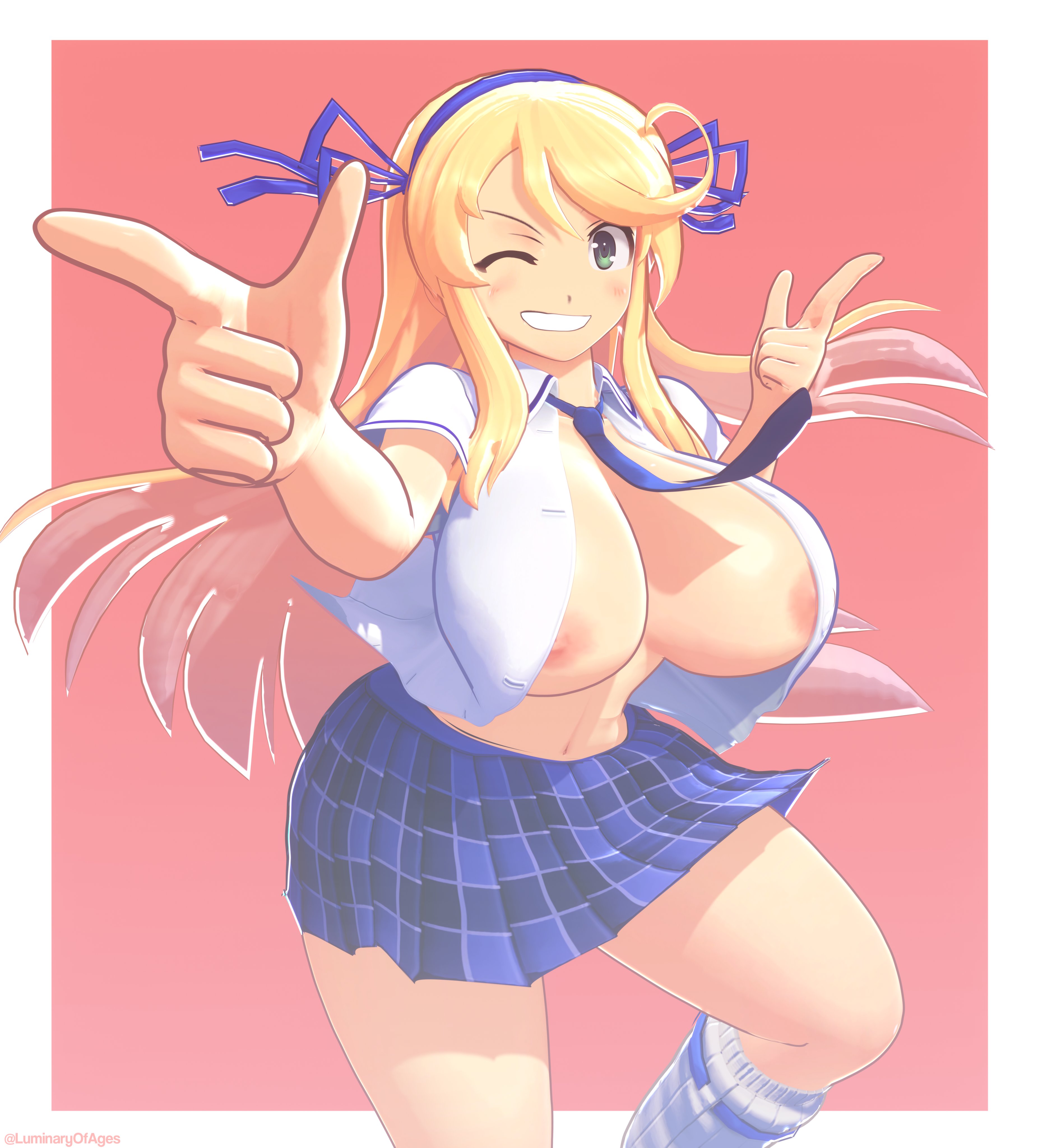 1girls, 3d, 3d (artwork), big breasts, blonde hair, breasts, female, female only, finger gun, katsuragi (senran kagura), light skin, light-skinned female, long hair, luminaryofages, nipples, open shirt, senran kagura, skirt, solo