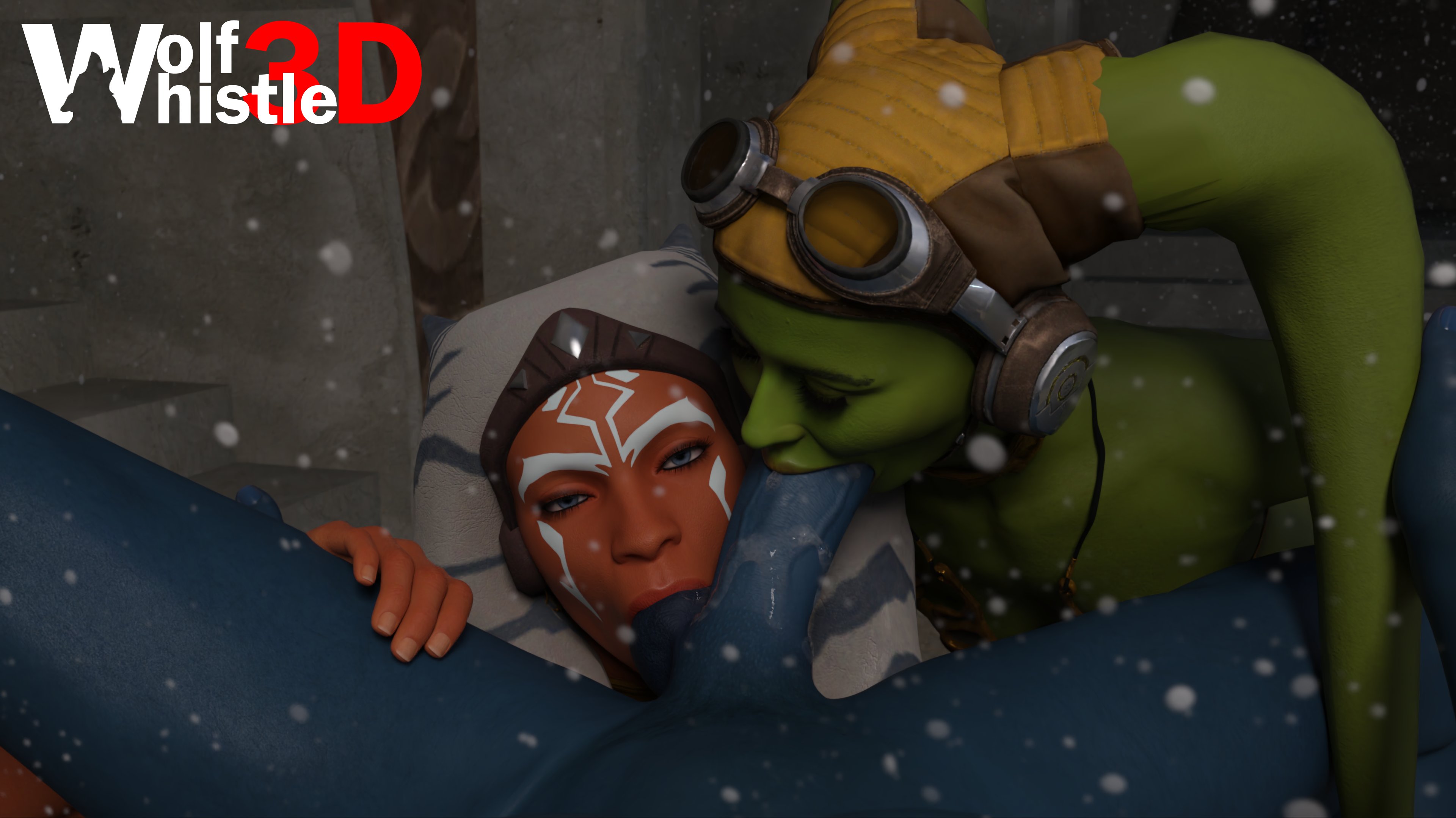 1boy, 2girls, 3d, ahsoka tano, alien, balls, blue skin, erection, fellatio, female, green skin, hera syndulla, male, nude, oral, oral sex, orange skin, penis, star wars, sucking balls, togruta, twi'lek, wolfwhistle3d
