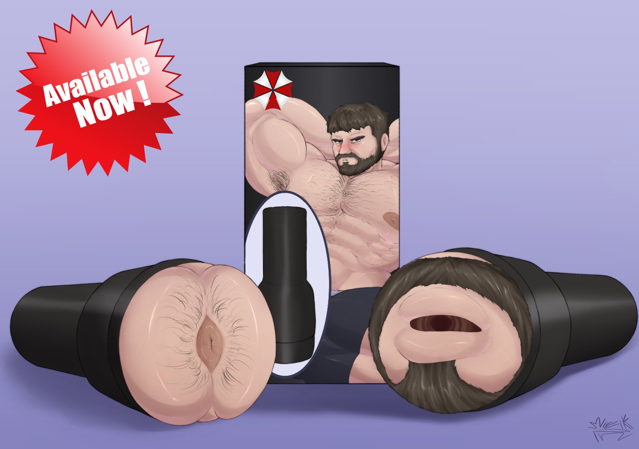 abs, anal, anus, armpits, ass, ass focus, bara, beard, big nipples, big pecs, blush, brown hair, capcom, chris redfield, fleshlight, frown, frowning, gay, hairy, hairy anus, hairy armpits, looking at viewer, male, male only, mireikiphanie, moustache, muscles, muscular, muscular male, nipples, pecs, purple background, resident evil, resident evil 8: village, sex toy, simple background