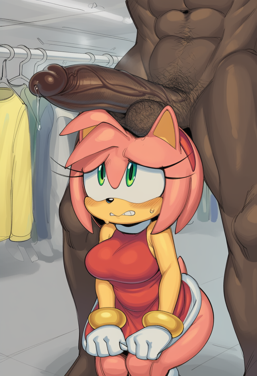 ai generated, amy rose, balls on head, big balls, big penis, clothes, cock on head, dark-skinned male, hairy balls, human on anthro, intimidation, mall, muscular male, scared, sonic (series)