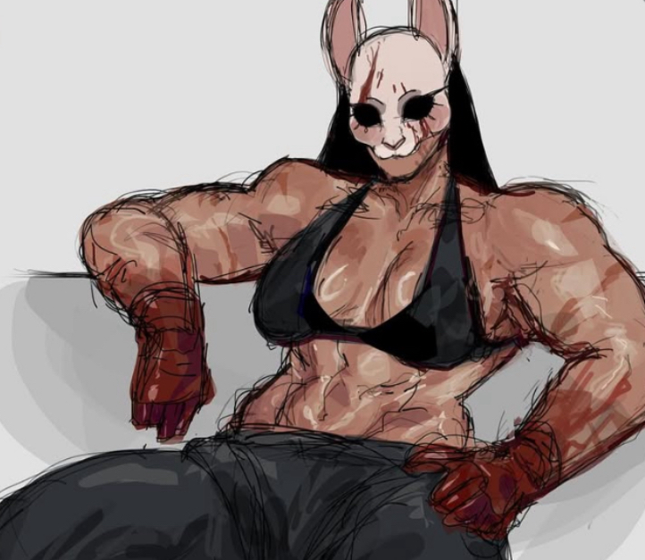 almost naked, artist request, blood on mask, blood stain, huntress (dead by daylight), mask, muscular female, pants, rabbit ears, sitting, tagme