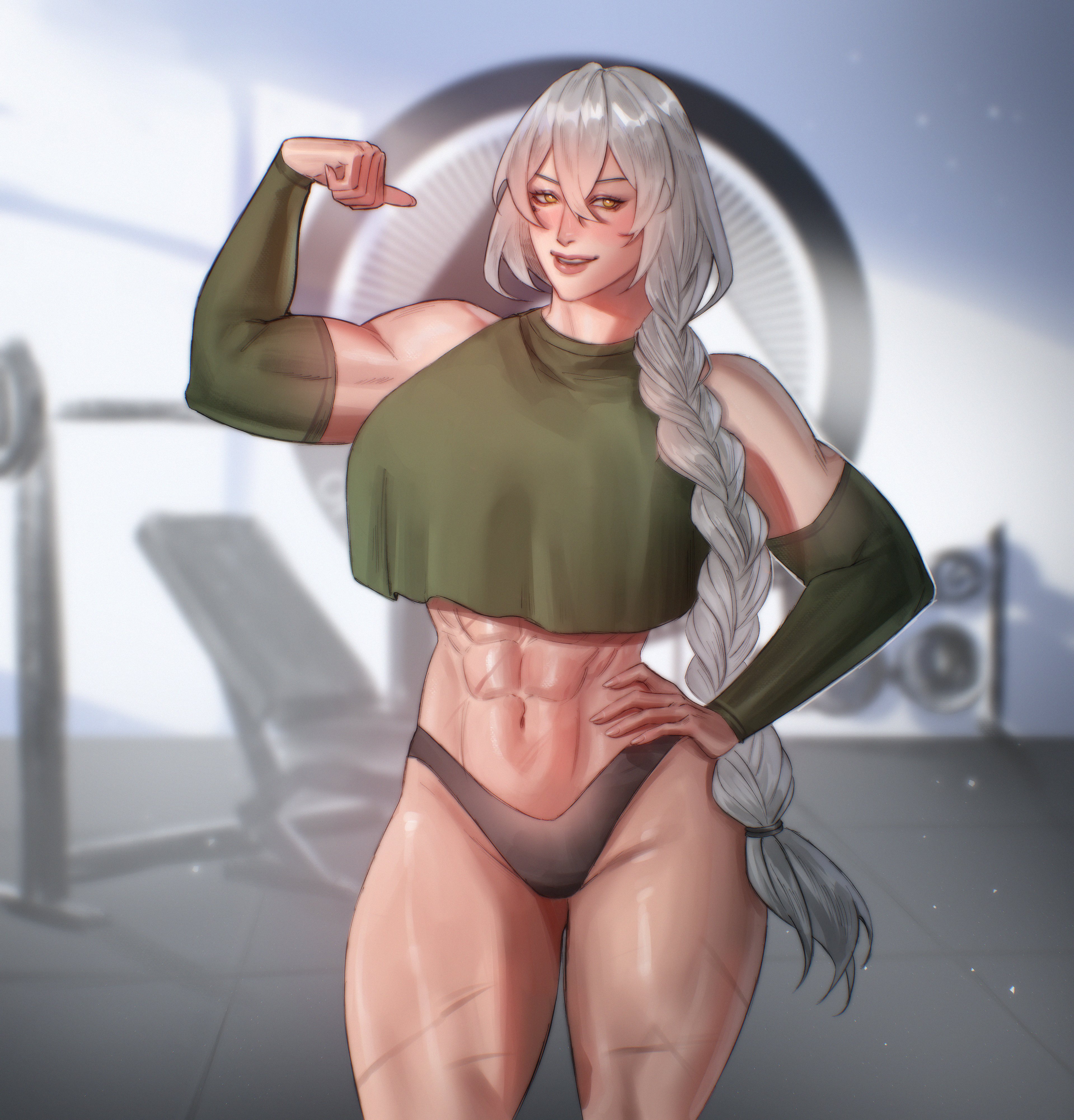 1girls, abs, bigger female, breasts, caztopia, clothing, elbow gloves, elizabeth-098, female spartan (halo), halo (series), hips, mommy, muscular female, office of naval intelligence, original character, panties, spartan (halo), thick thighs, thighs, tomboy, tomboy milf, white hair, wide hips, yellow eyes