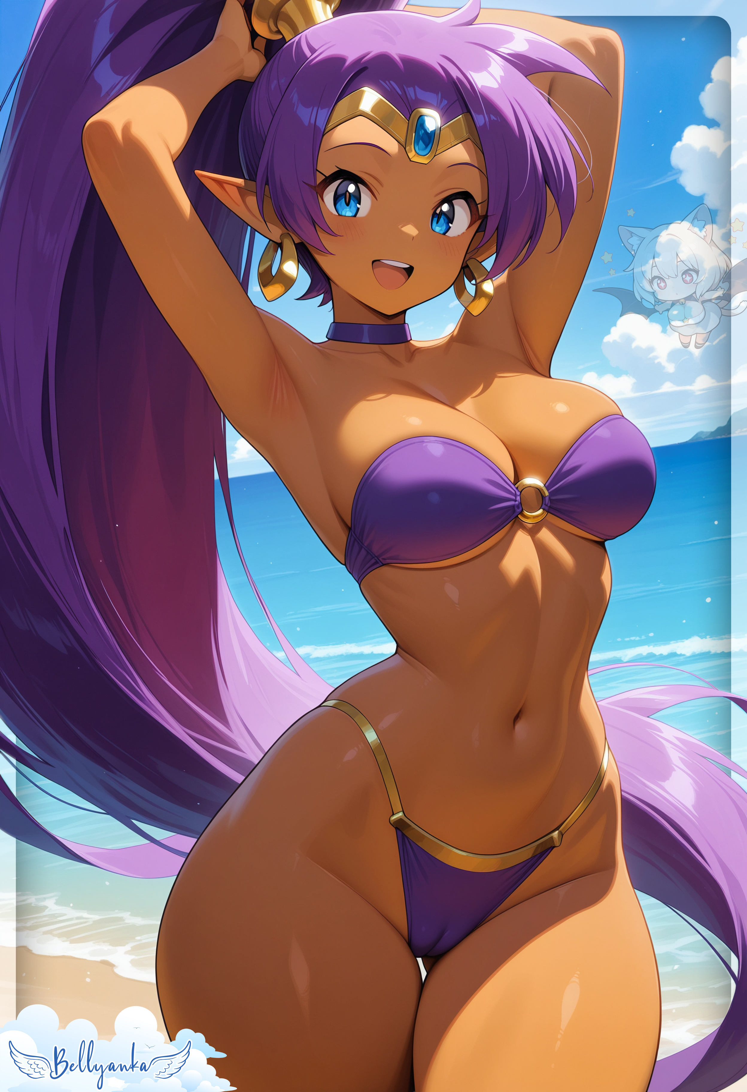 2025, adjusting hair, ai generated, beach background, belly, bellyanka, black dot eyes, blue eyes female, capcom, deviantart, elf ears, female only, golden earrings, golden hairwear, golden headband, inviting viewer, long ponytail, looking at viewer, open mouth smile, purple bikini, purple eyebrows, purple ponytail, sea background, shantae, shantae (character), smile at viewer, smiling at viewer, tummy, wayforward