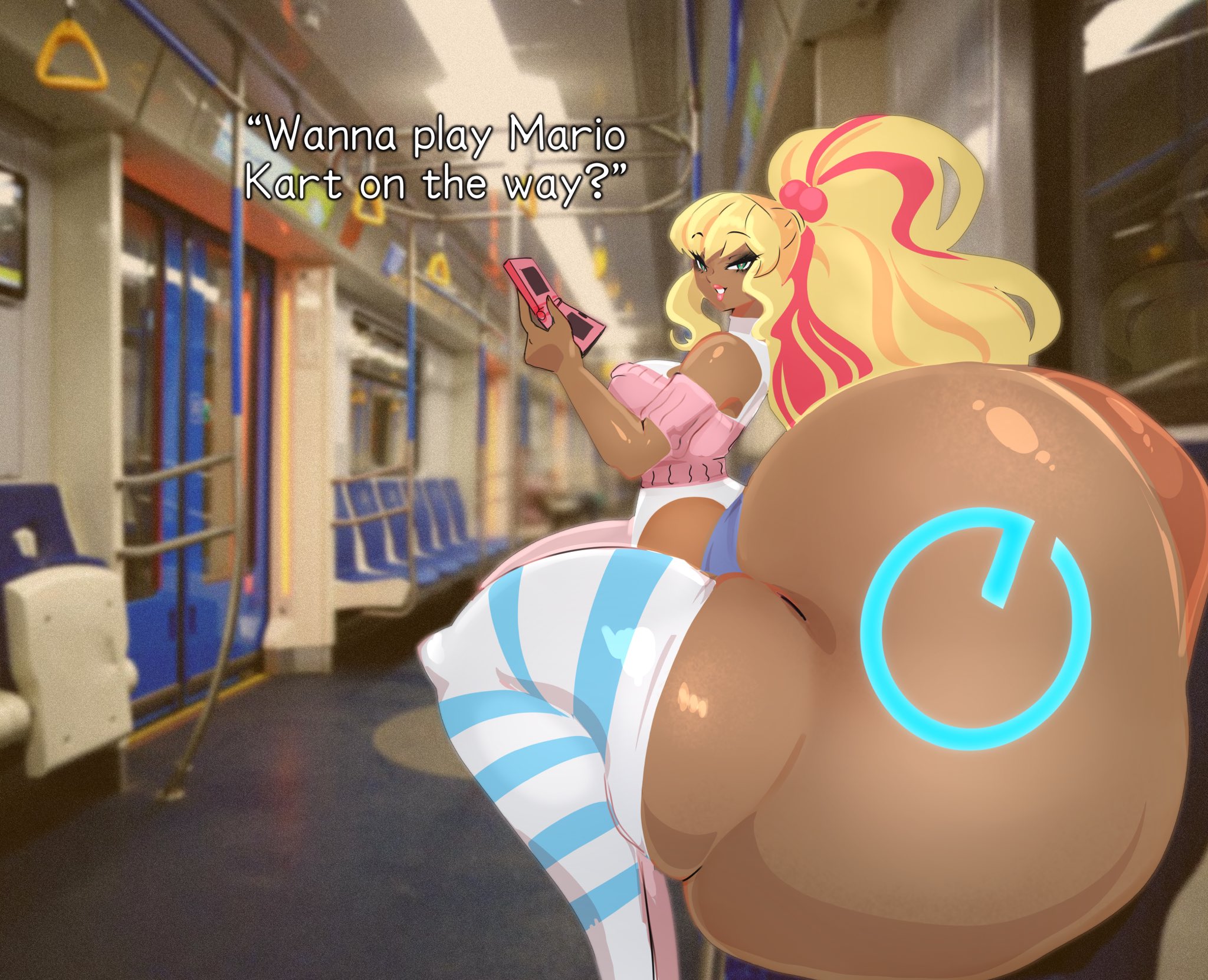 1girls, ass bigger than head, ass bigger than torso, ass body, bottom heavy, fat ass, gyaru, hyper, hyper ass, kansais, looking at viewer, massive ass, original, photo background, public transportation, small breasts, solo female, subway, talking, talking to viewer, text, train, train interior