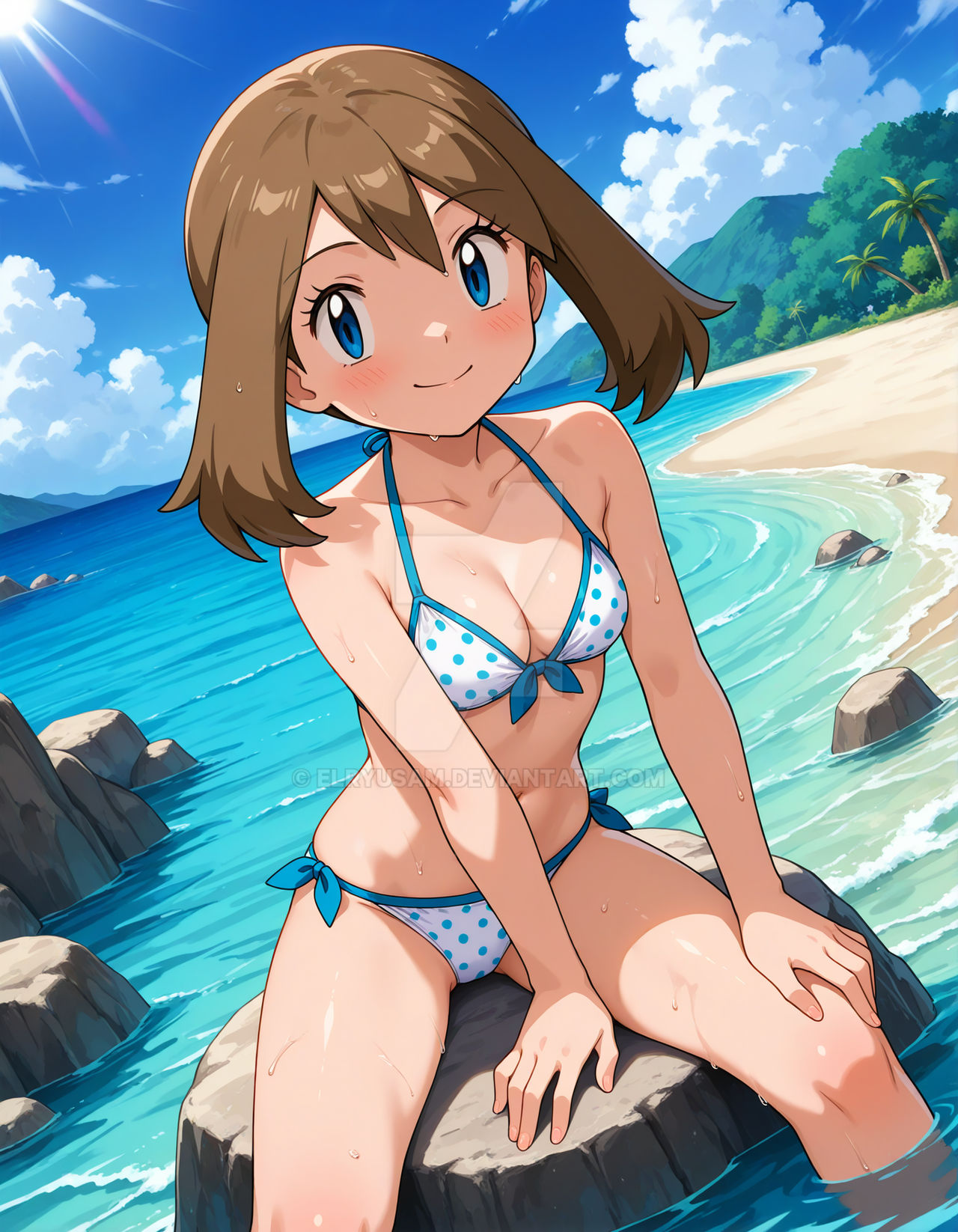 2025, 4kids entertainment, ai generated, anime, beach background, belly, black dot eyes, blue eyes female, brown eyebrows, brown hair female, deviantart, elryusam, female only, hand on leg, hand on rock, inviting viewer, legs on water, looking at viewer, may (pokemon), nintendo, pokemon, polka dot bikini, red blush, rocks, sea background, sitting on rock, smile at viewer, smiling at viewer, teenage girl, tummy, wet body, wet face, wet hair, wet head