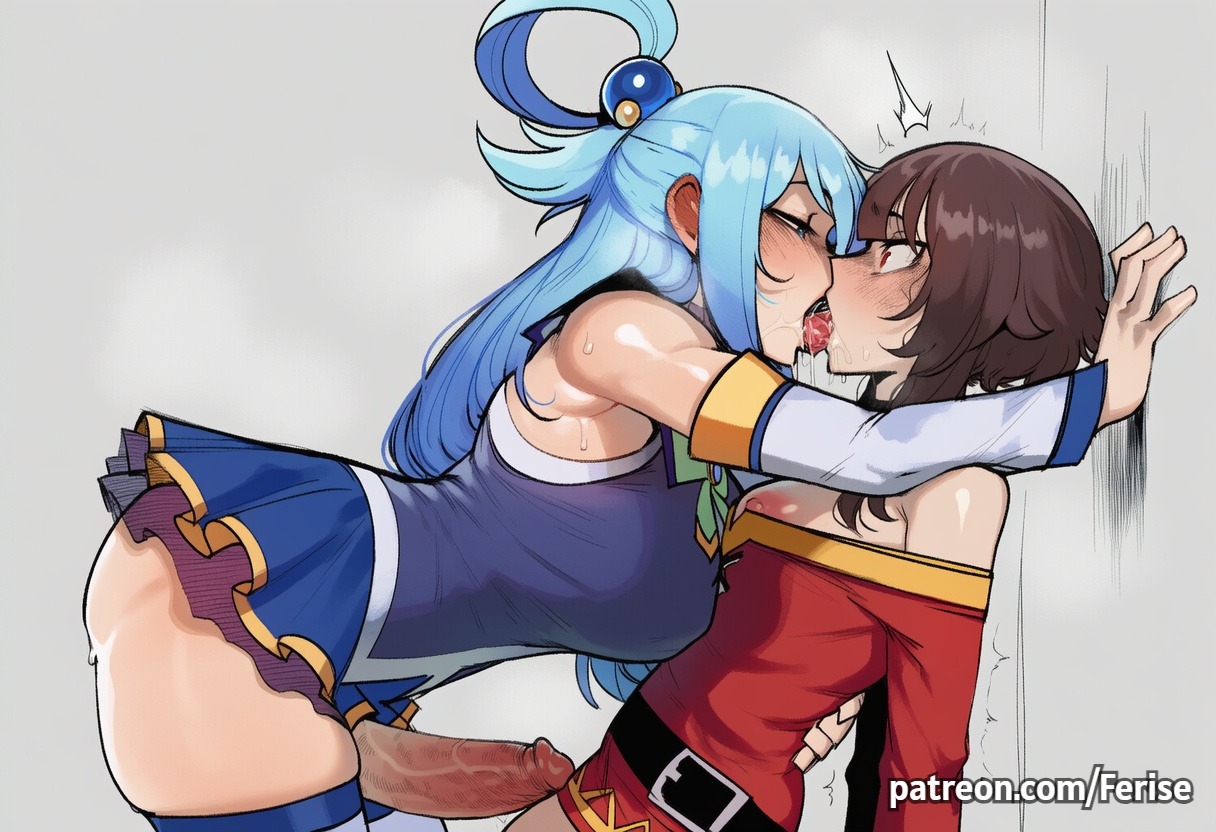 1futa, 2girls, ai generated, aqua (konosuba), breasts, close-up, detailed, female, ferise, focused, forced, forced kiss, french kiss, french kissing, futa on female, futanari, highres, huge balls, huge cock, imminent rape, kissing, kono subarashii sekai ni shukufuku wo!, konosuba, large penis, licking tongue, megumin, molestation, naughty face, naughty smile, nipple slip, passionate kiss, saliva, sex, sucking tongue, teasing, threatening, tongue, tongue out