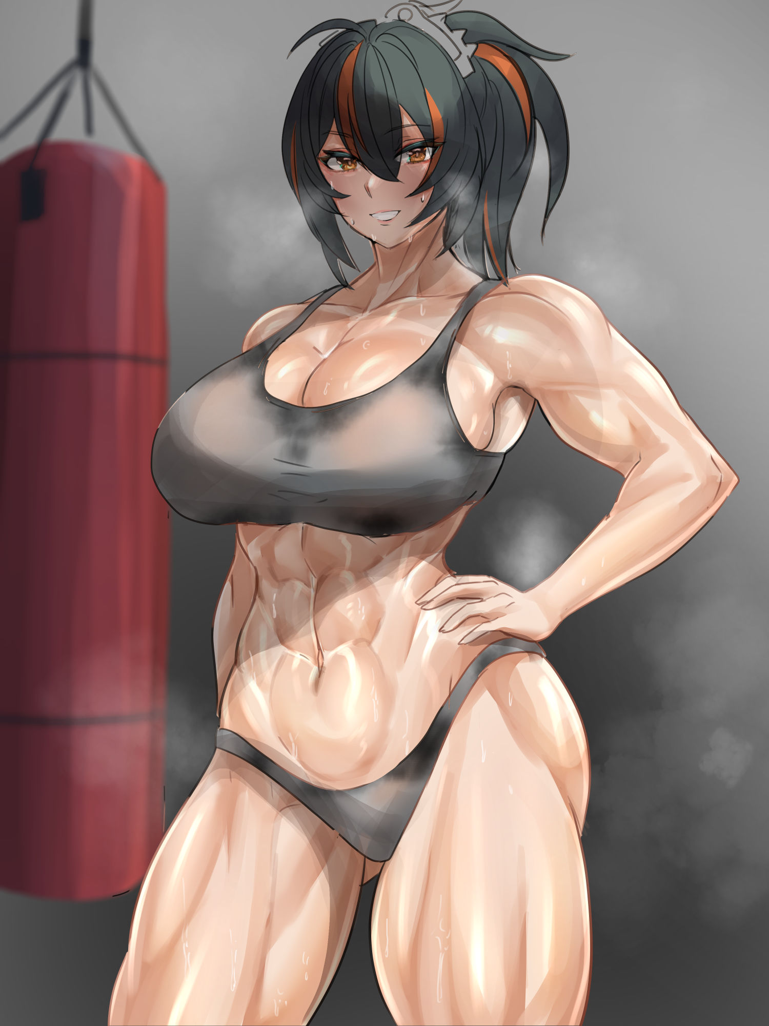 1girls, abs, black hair, breasts, brown eyes, hoyoverse, large breasts, metal hairband, multicolored hair, muscular, muscular female, navel, punching bag, red highlights, steam, streaked hair, sweat, teaindian, tomboy, zenless zone zero, zhu yuan