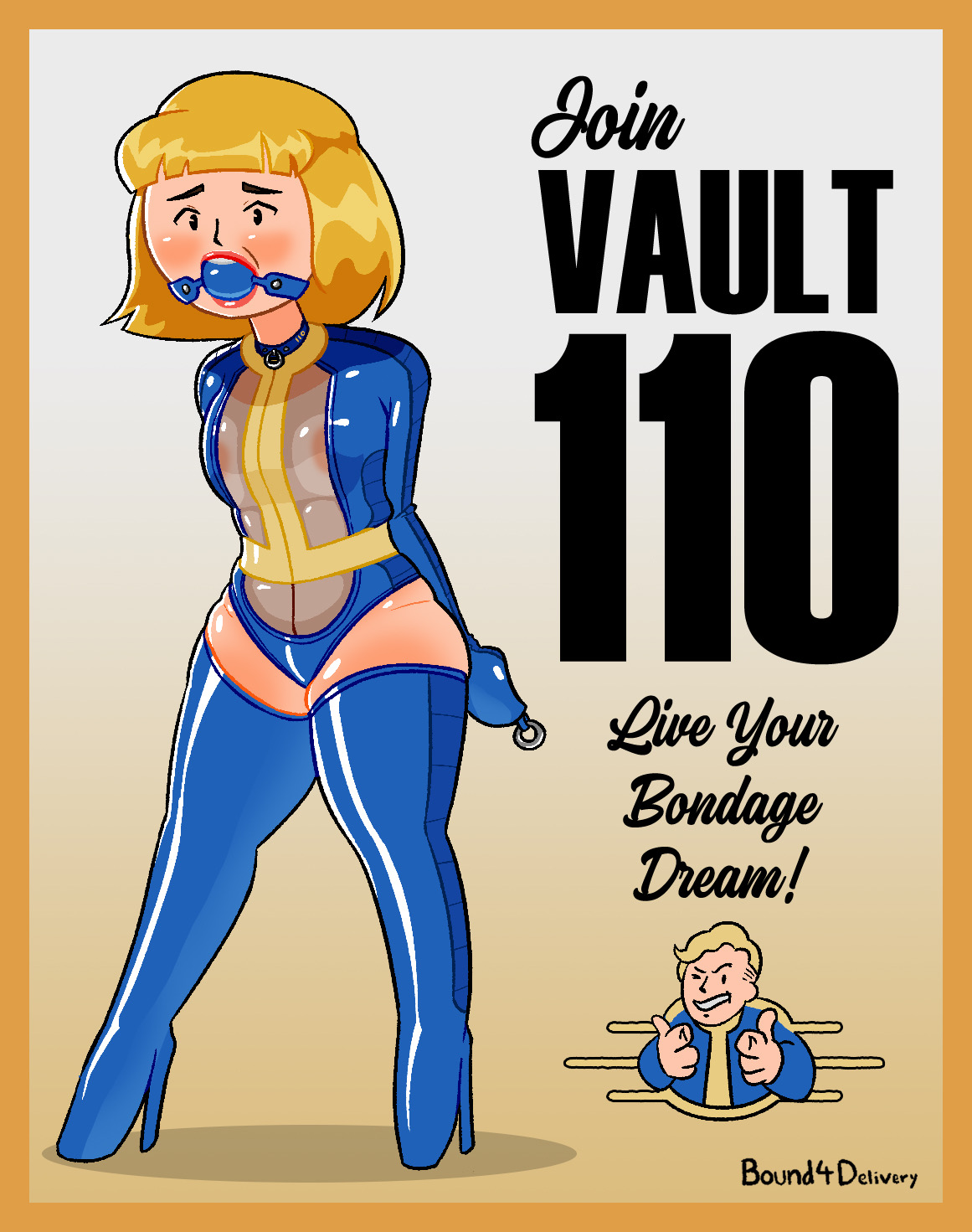 1girls, 2025, armbinder, arms tied behind back, ball gag, ballet boots, ballet heels, bondage, bondage gear, bondage outfit, bound, bound4delivery, breast squeeze, breasts visible through clothing, fallout, femsub, gag, gagged, heels, high heels, poster, text, vault girl, vault suit, very high heels