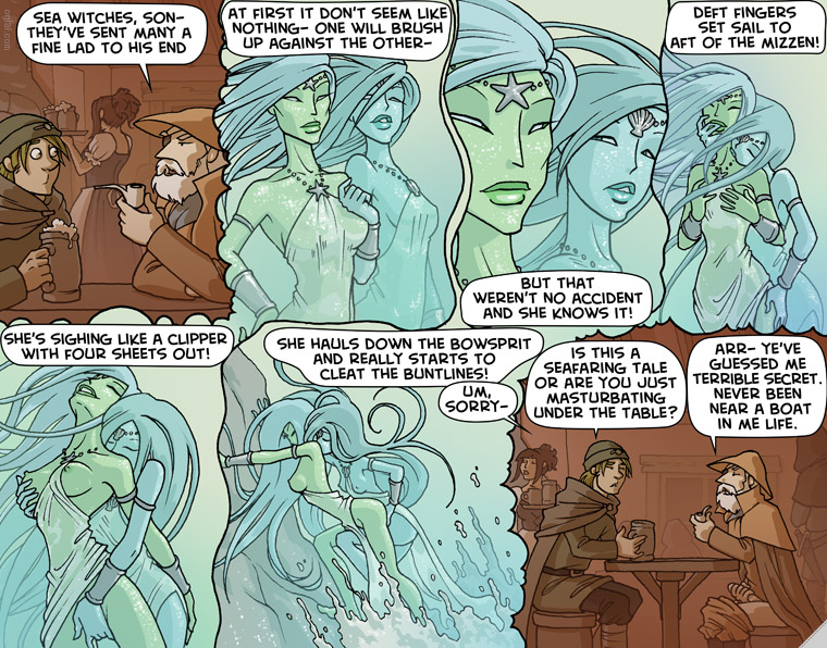 bar blonde_hair blue_hair breasts comic female fingering funny grope hair hat kissing long_hair male masturbation necklace ocean oglaf shell siren star table tavern water wave yuri