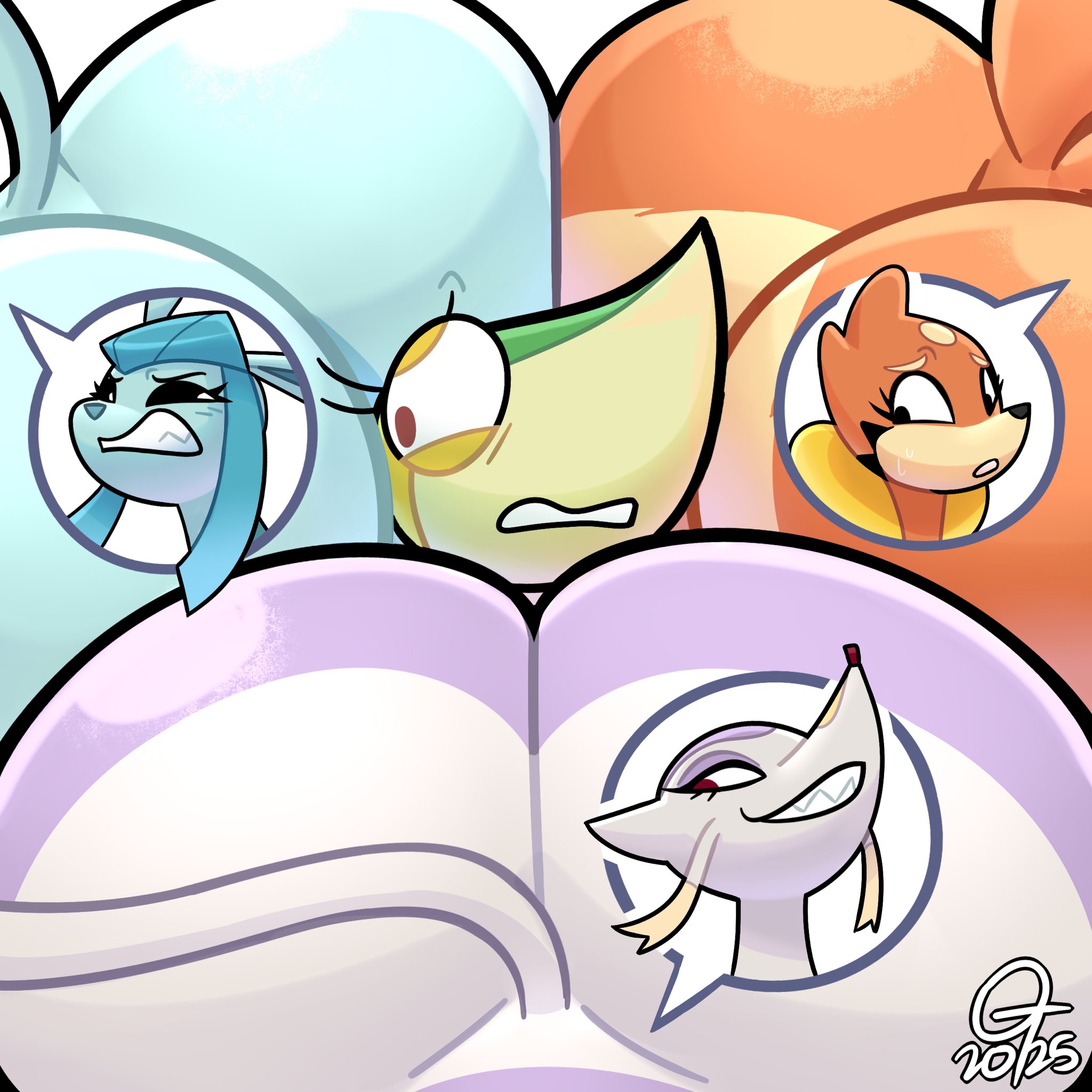 2025, 4girls, ass, ass on face, between ass, bubble butt, buizel, commission, concerned look, glaceon, huge ass, imminent fart, mienshao, nintendo, ocs, oddtenn, pokemon, pokemon (species), snivy, tenuousoddity