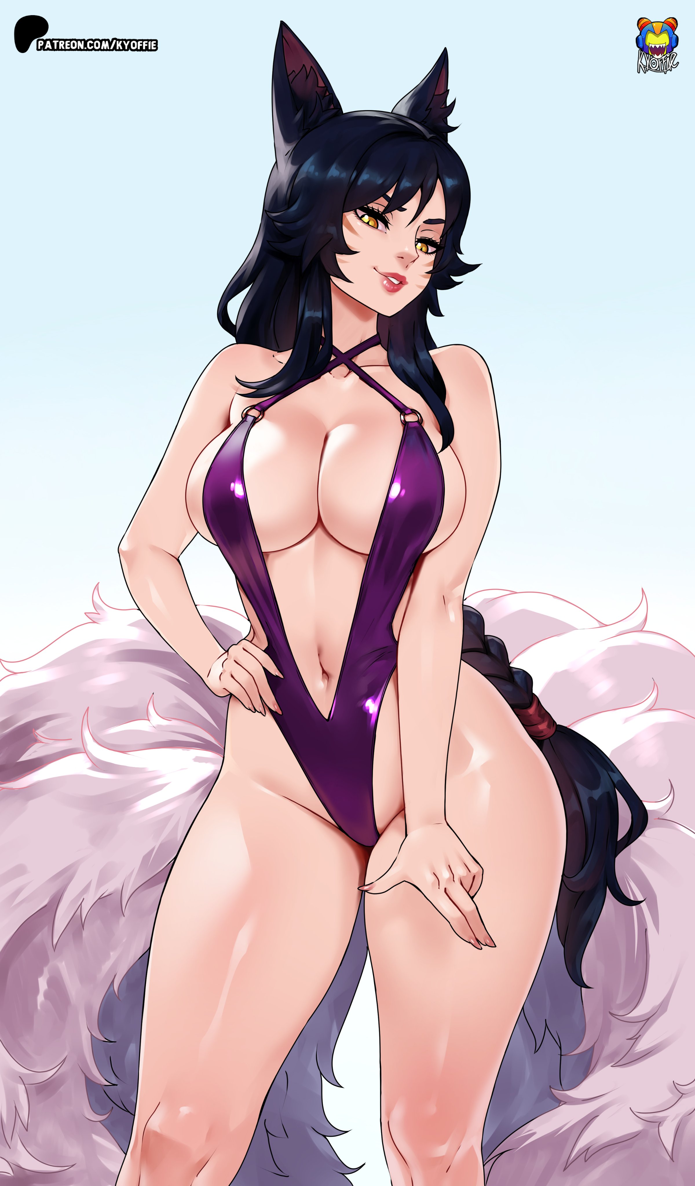 1girls, 2025, 2xko, ahri, big breasts, black hair, facial markings, female, female only, fox, fox ears, fox girl, fox tail, kitsune, kyoffie, league of legends, league of legends: wild rift, lipstick, looking at breasts, looking down, one-piece swimsuit, pale skin, pale-skinned female, pinup, pose, posing, purple swimsuit, remake, riot games, swimsuit, swimwear, tagme, thick thighs, vastaya, watermark, yellow eyes