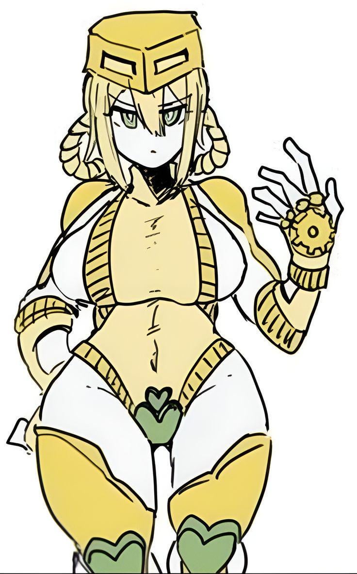 big breasts, blonde hair, boots, braid, braided hair, gloves, green eyes, green heart, heart, huge ass, huge breasts, jojo reference, jojo's bizarre adventure, leotard, mannungei, rule 63, serious, serious face, sideboob, stardust crusaders, the waifu, the world, thick thighs, thighhighs, vambraces