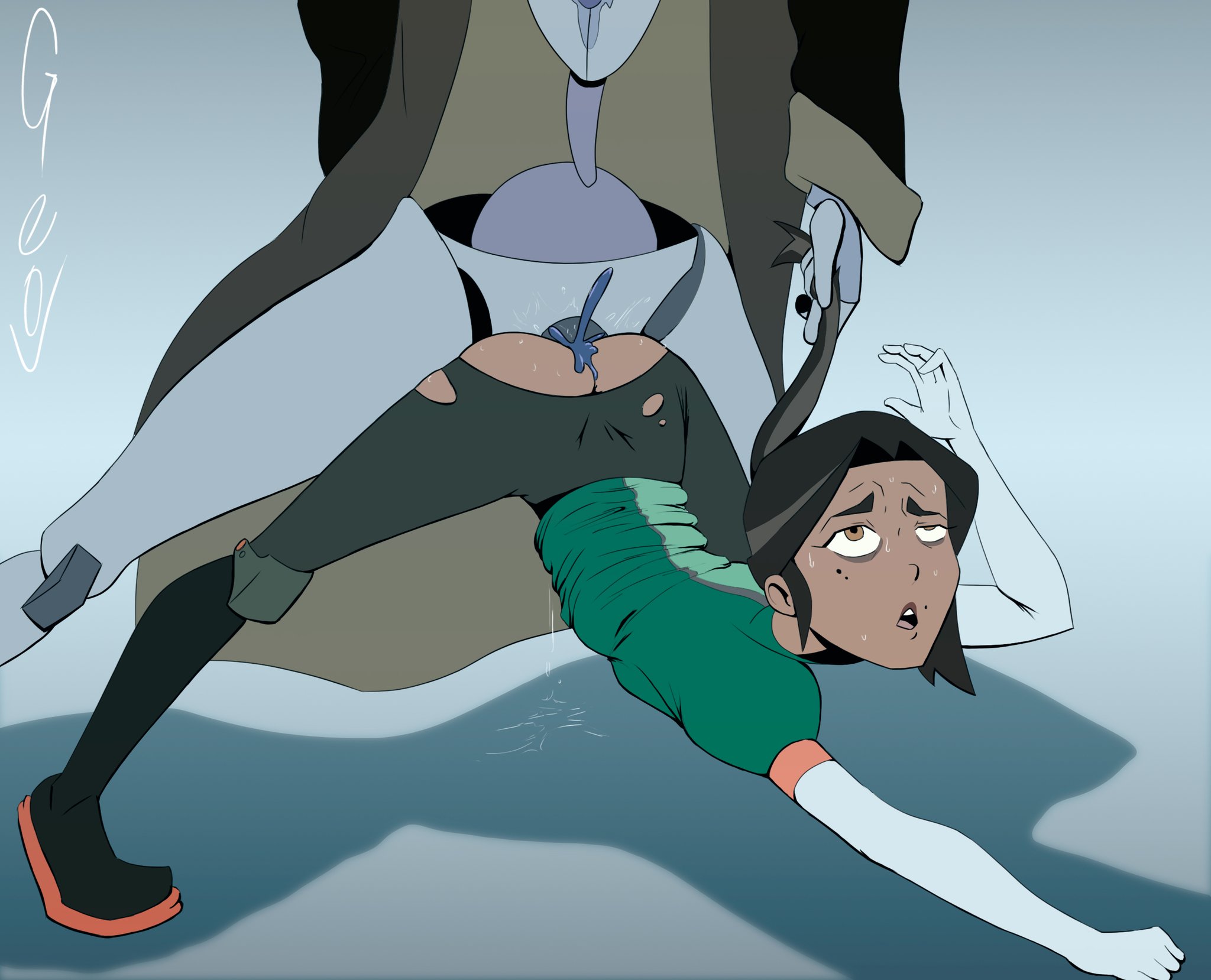 1futa, 1girls, andi (knights of guinevere), anus, anus peek, clothed, clothed sex, clothing, cum, cum in pussy, cum inside, dark-skinned female, downward dog, futa on female, futanari, geov, gloves, grabbing hair, gwen (knights of guinevere), hair grab, intersex, kinktober, knights of guinevere, labcoat, long gloves, penetration, penetration through clothes, princess guinevere, pulling hair, pussy, pussy juice, ripped clothing, ripped pants, robot, sex, vagina, vaginal penetration, vaginal sex