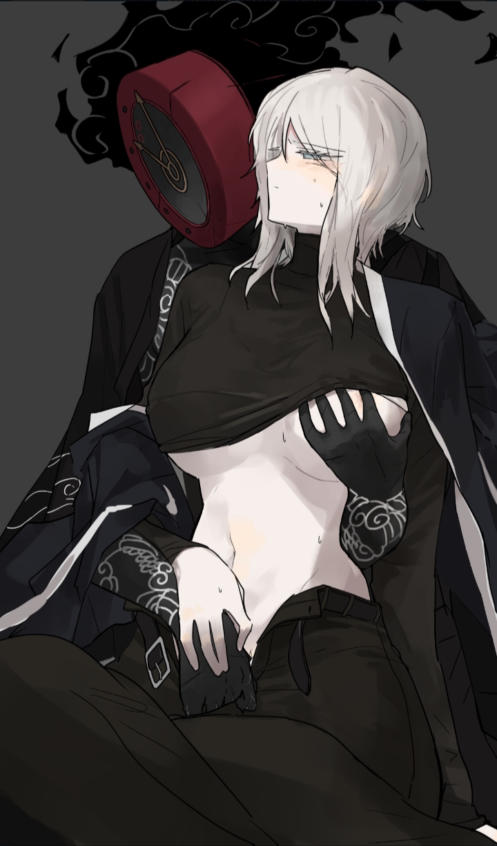 1girls, 1other, ambiguous gender, big breasts, blade lineage (identity) (project moon), blue eyes, blush, breasts, dante (limbus company), dark skin, dark-skinned male, faust (limbus company), faust (project moon), female, fingering, fingering partner, fingering pussy, grabbing, grabbing another's breast, grabbing from behind, irezumi, kurokumo clan (identity) (project moon), limbus company, medium hair, naughty 0b, object head, pale-skinned female, project moon, sweat, sweatdrop, sweating, tattoo, tattoo on arm, white hair