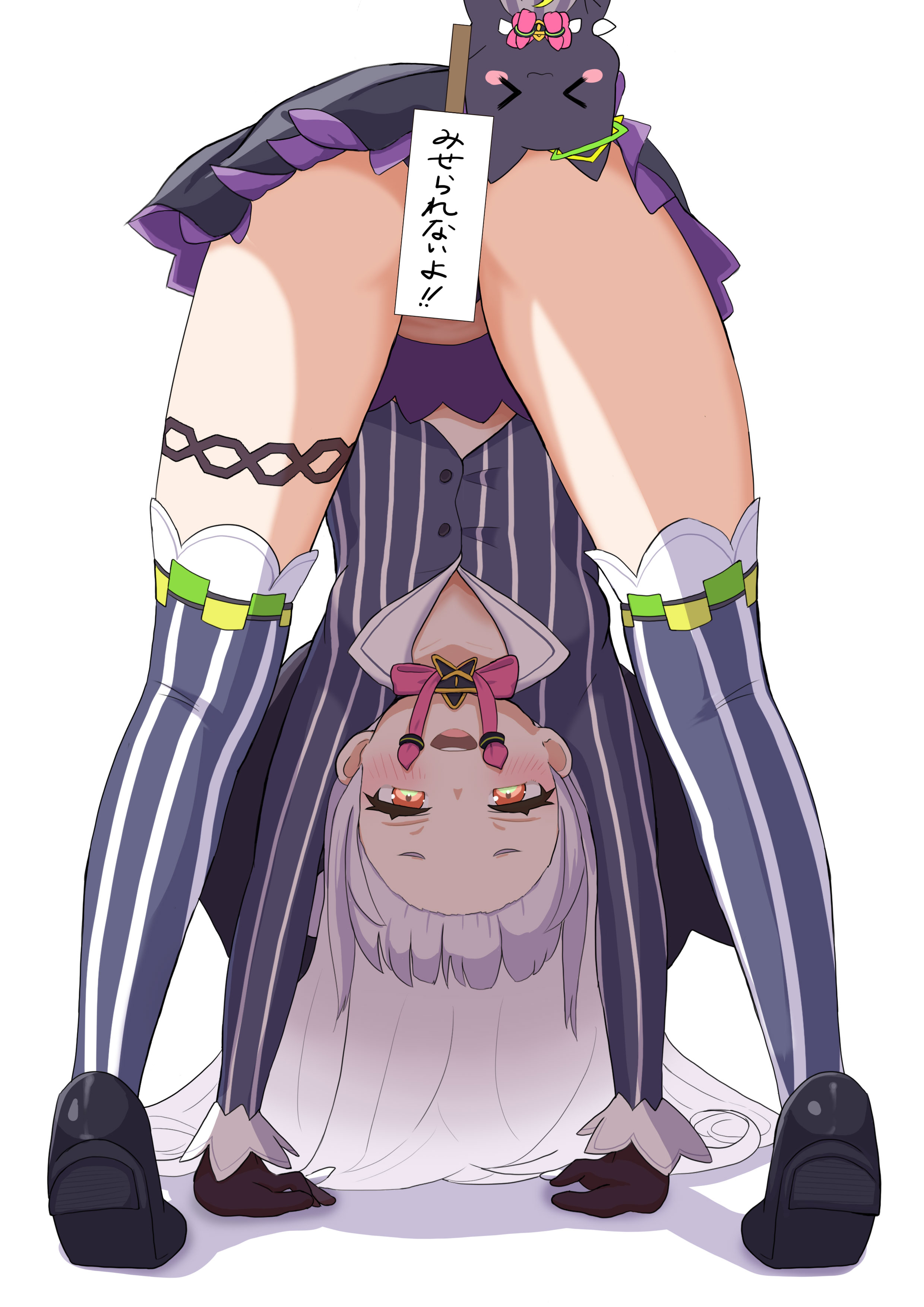 264 (user ffyd3374), all fours, ass, between legs, black capelet, blush, brooch, capelet, censored, creative censorship, cropped shirt, female, full version, gloves, grey hair, hololive, hololive gen 2, hololive japan, jewelry, long hair, looking at viewer, looking back, lowleg, lowleg skirt, murasaki shion, murasaki shion (1st costume), on all fours, open mouth, orange eyes, panties, pinstripe pattern, pinstripe shirt, shirt, short eyebrows, skirt, smug, star brooch, striped clothes, striped shirt, thigh strap, thighhighs, underwear, vertical-striped clothes, vertical-striped shirt, virtual youtuber, white background