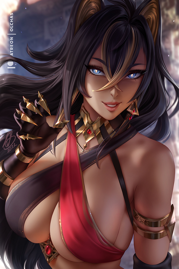 1girls 2022 animal_ears black_hair blue_eyes breasts brown_skin bust_portrait claws cleavage dark-skinned_female dark_skin dehya_(genshin_impact) female female_only genshin_impact hair_between_eyes huge_breasts lips long_hair looking_at_viewer naughty_face olchas sideboob smile suggestive_look underboob